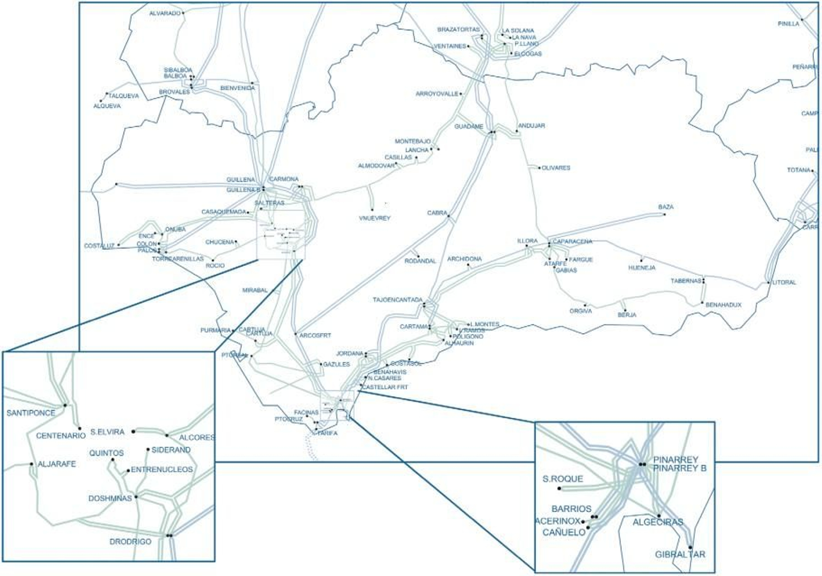 Red de partida de la Red de Transporte de Energía Eléctrica de Andalucía 2021-26. En azul, alta tensión a 400kV. En verde, a 220 kV Red de partida de la Red de Transporte de Energía Eléctrica de Andalucía 2021-26. En azul, alta tensión a 400kV. En verde, a 220 kV