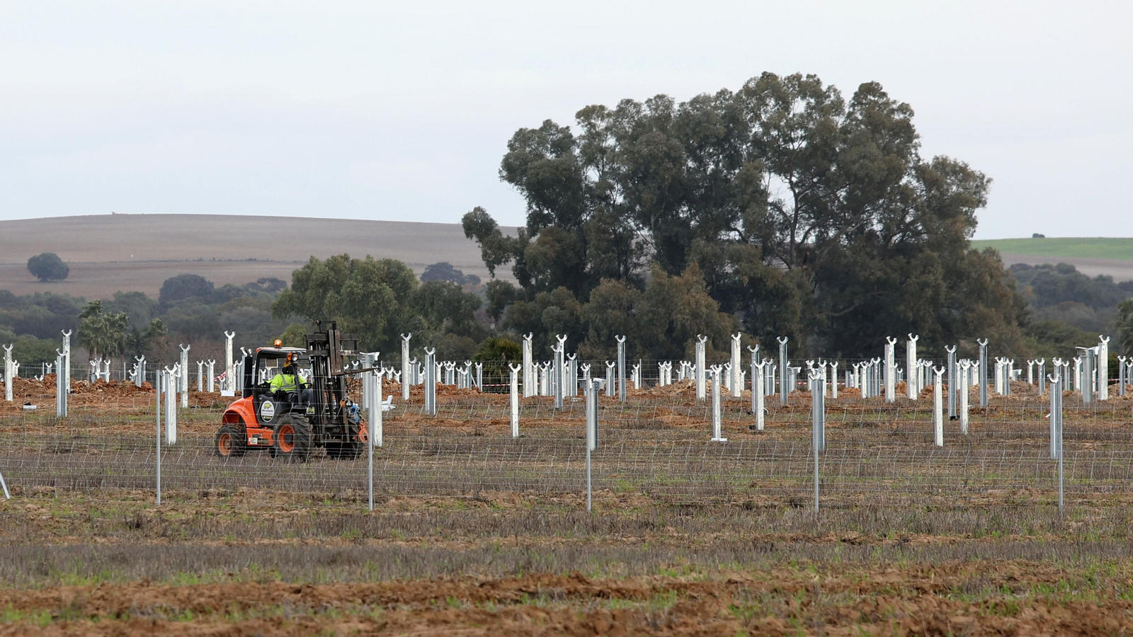 Una planta fotovoltaica en construcción en las inmediaciones de la barriada rural del Puente de la Guareña.