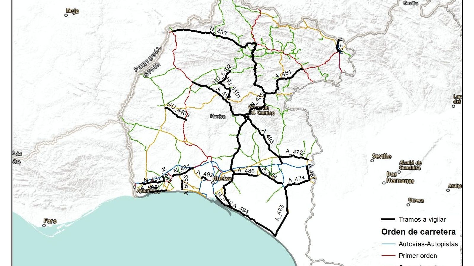 Tramos a vigilar en las carreteras de Huelva