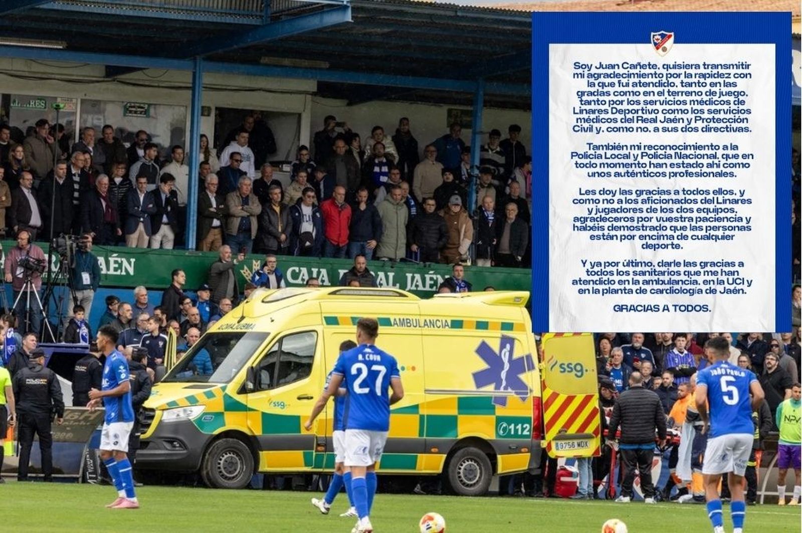 Momento de la evacuación sanitaria al aficionado junto al comunicado publicado por el Linares Deportivo.