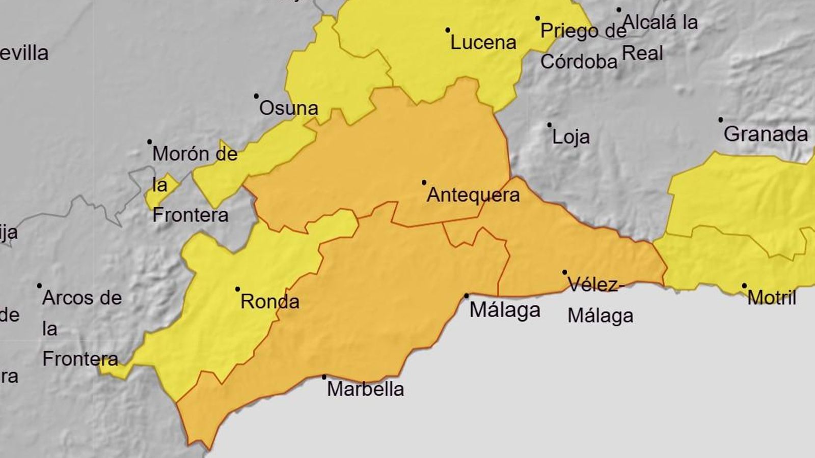Mapa de los avisos por fuertes lluvias en Málaga actualizado. Mapa de los avisos por fuertes lluvias en Málaga actualizado.