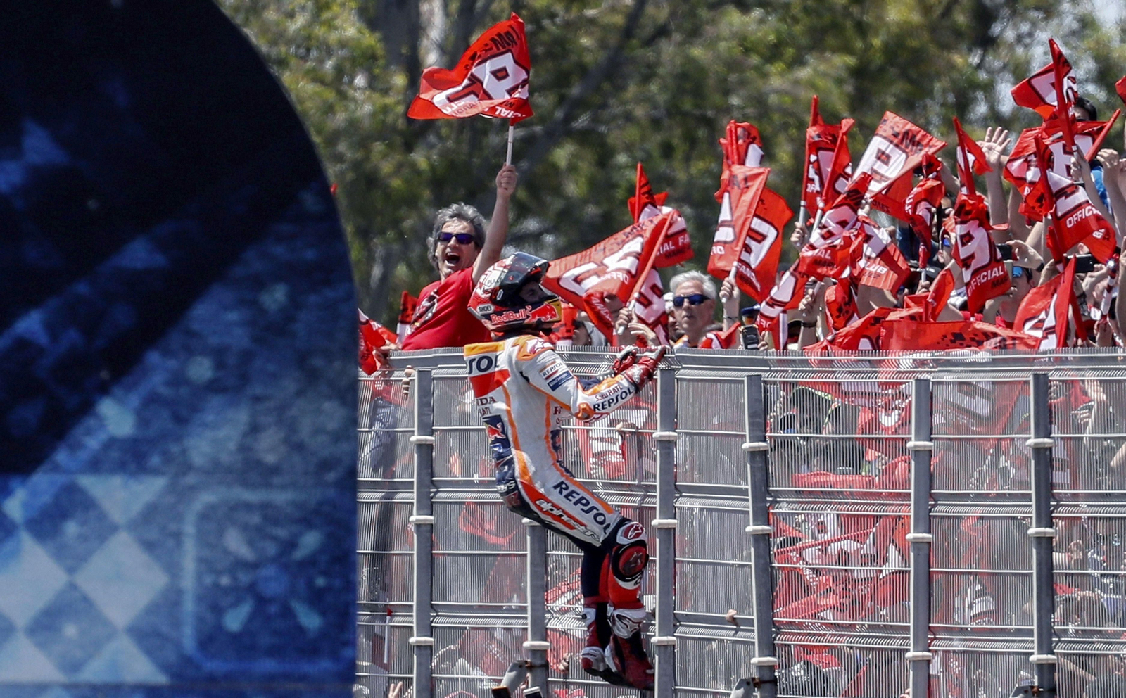 Marc Márquez celebra con sus aficionados su triunfo en MotoGP en el Circuito de Jerez.