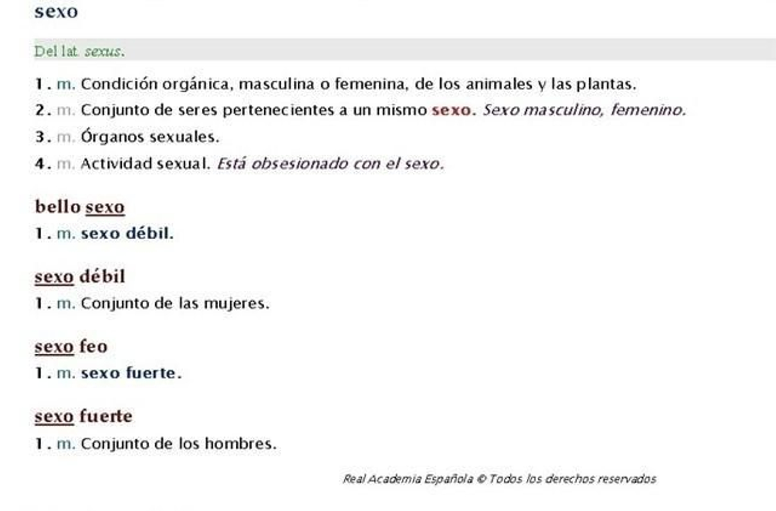 Captura de la definición del 'sexo débil' e la RAE.