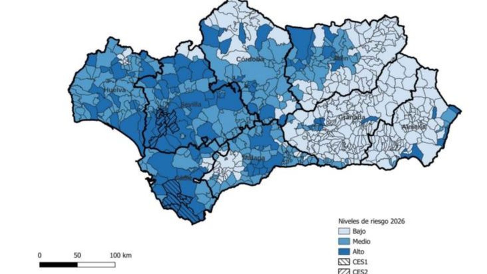 Niveles de riesgo de municipios en Andalucía en la transmisión de Virus del Nilo.