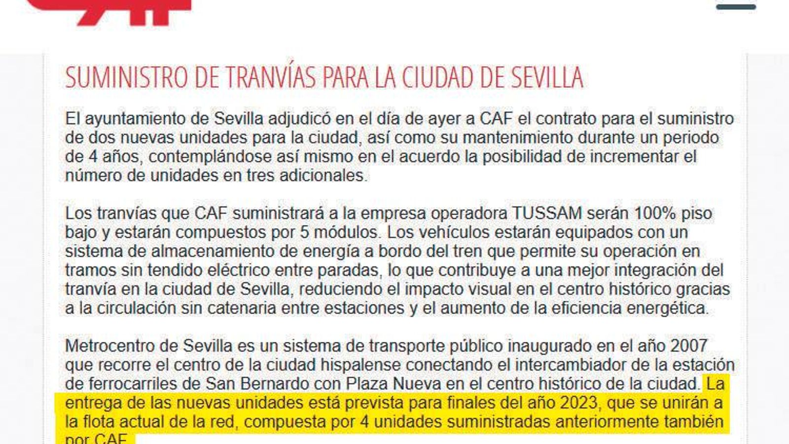 Julio de 2022: detalles del contrato inicial de CAF firmado con Sevilla