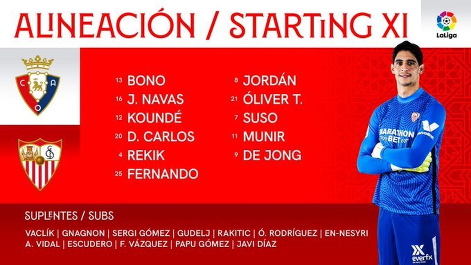 Carátula con el once titular del Sevilla ante Osasuna.