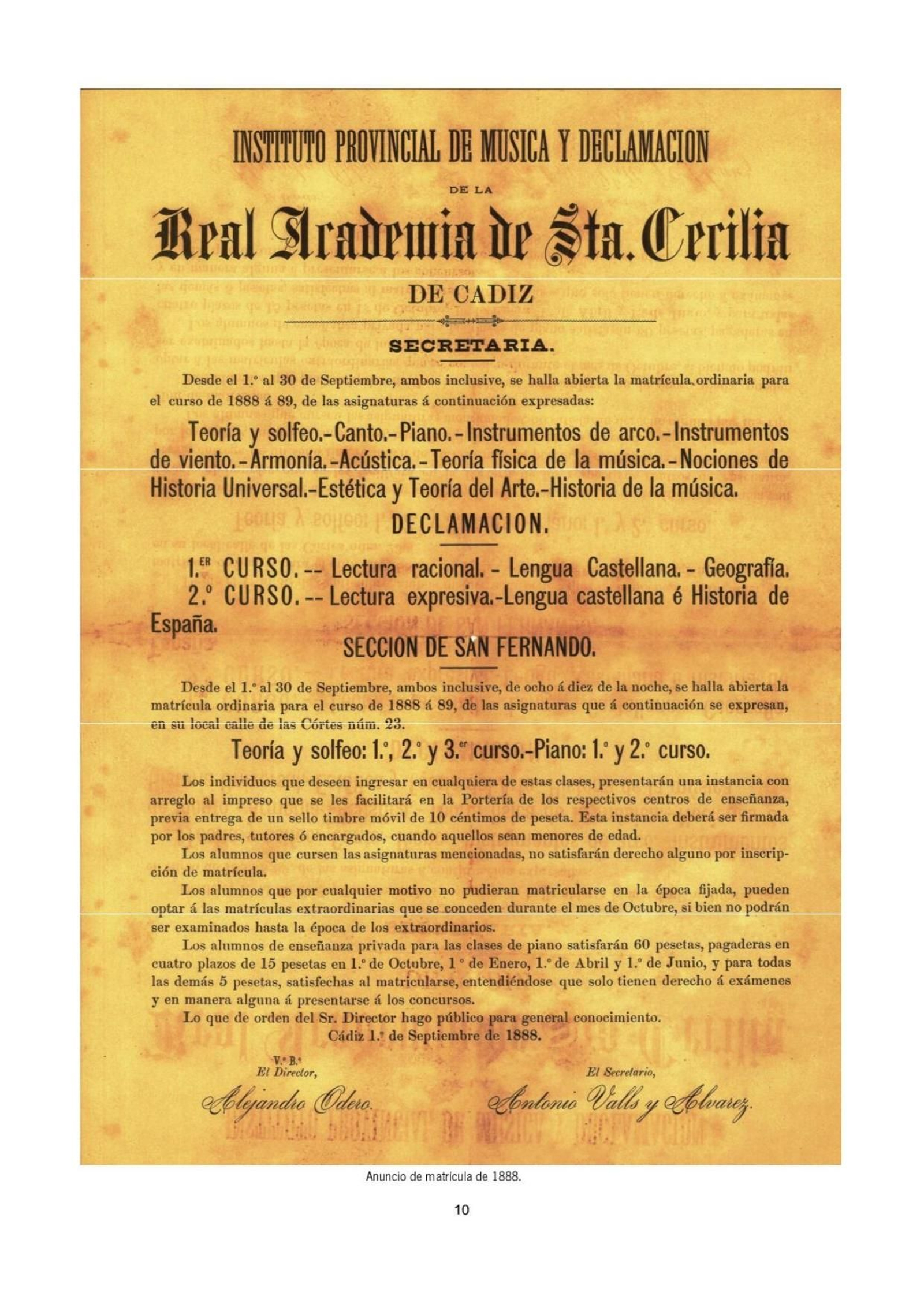 Anuncio de matrícula en la Academia de Santa Cecilia del año 1888.