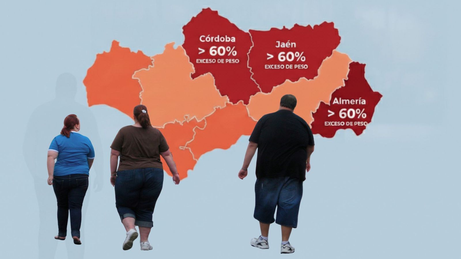Mapa de Andalucía con superposición de población caminando, una imagen que visualiza el peso del exceso ponderal como fenómeno territorial y estructural, con Almería entre las provincias donde esta realidad se concentra con mayor intensidad.