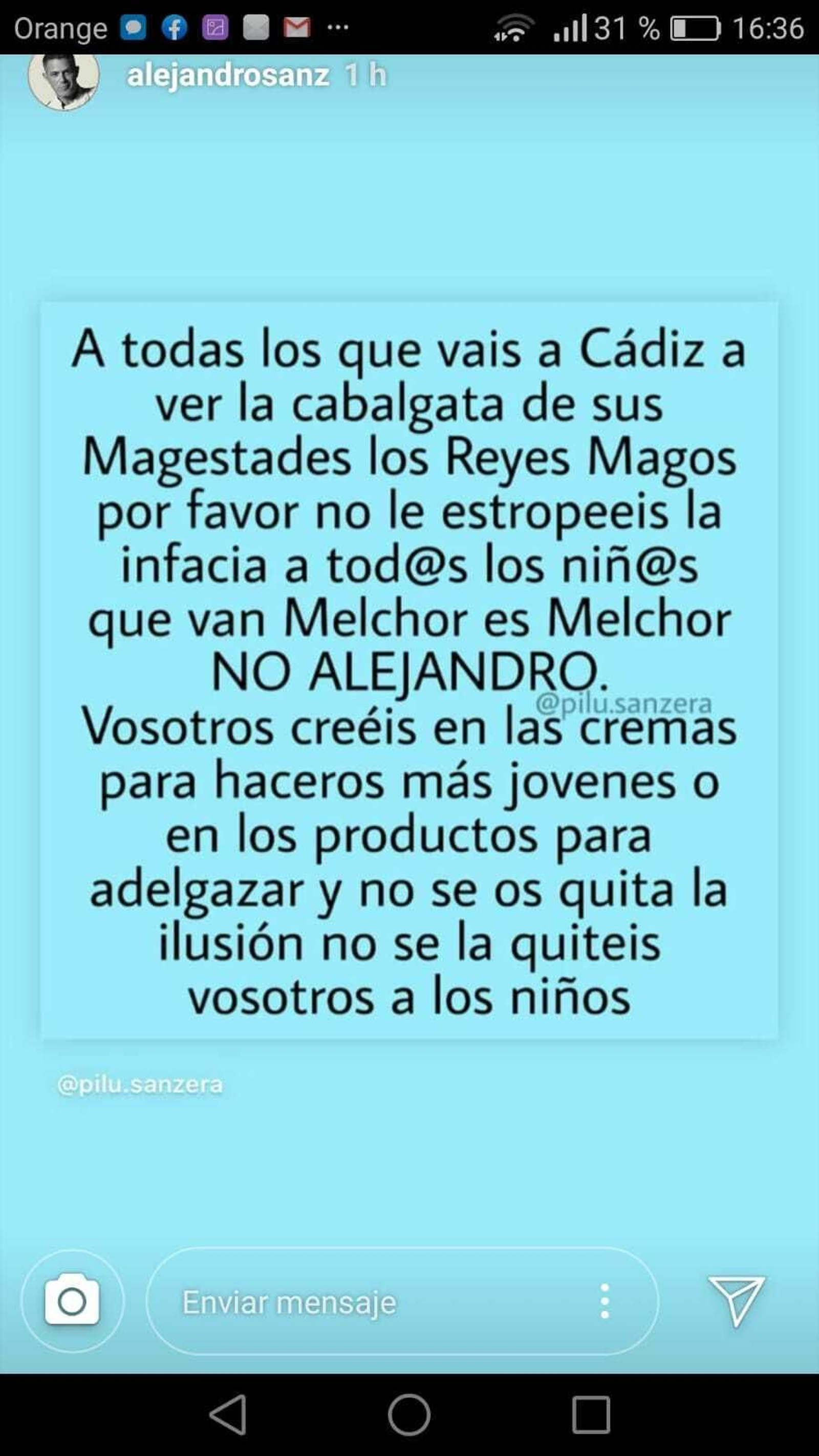 Imagen de la historia compartida ayer por Alejandro Sanz