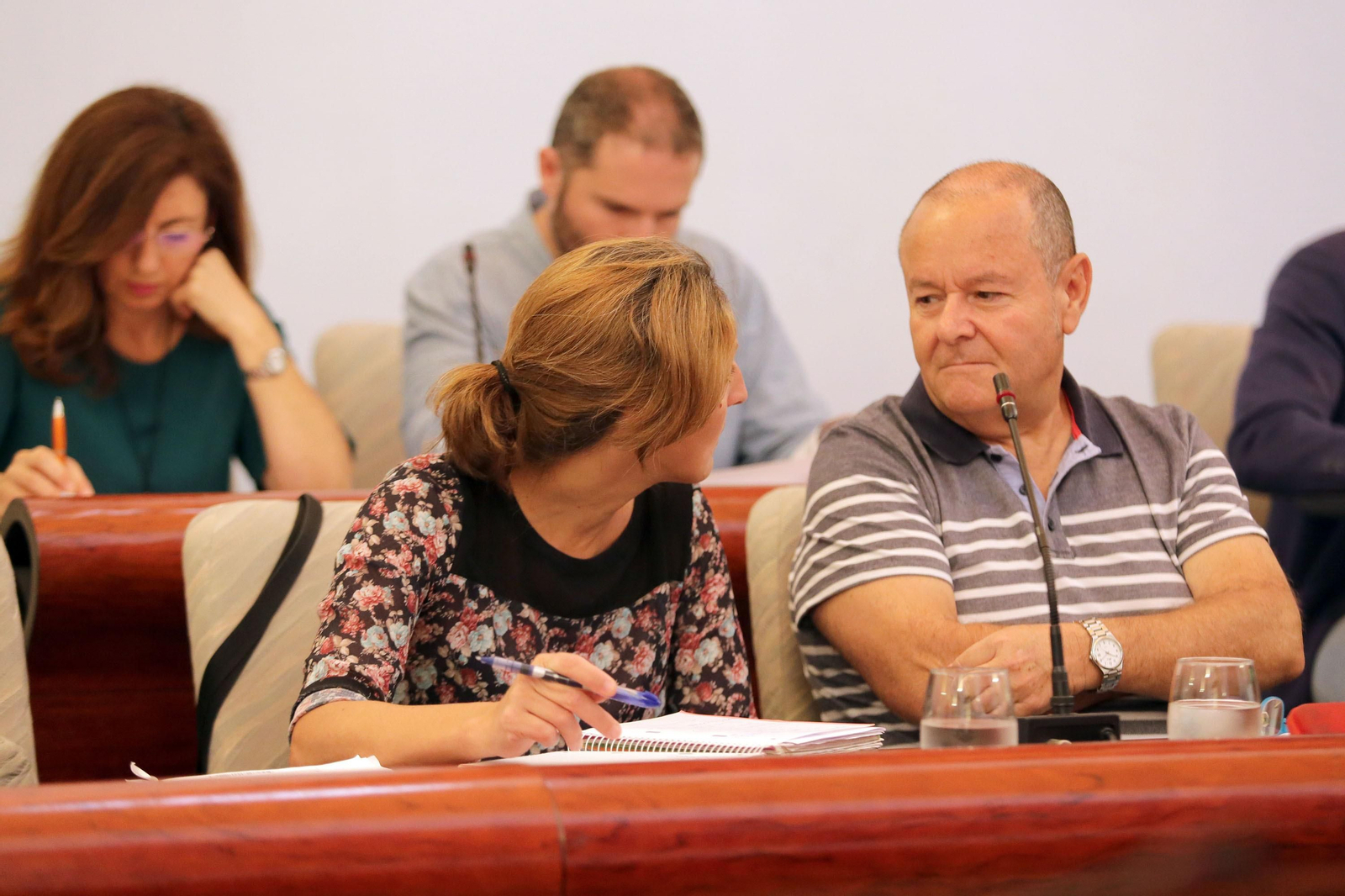 Kika González conversa con Manuel Fernández durante un pleno.