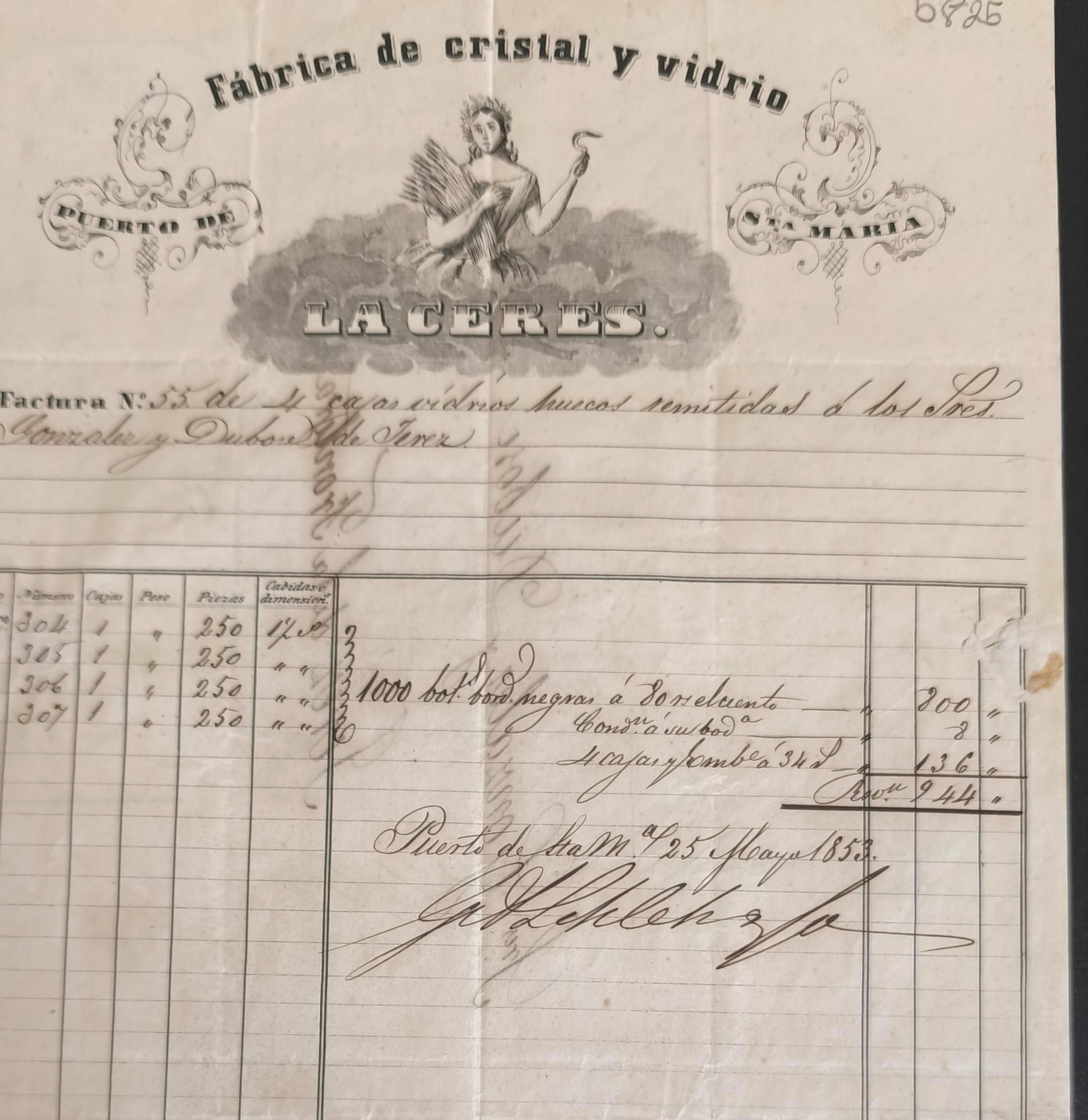 Carta comercial de la fábrica de cristal y vidrio de La Ceres, 1853.