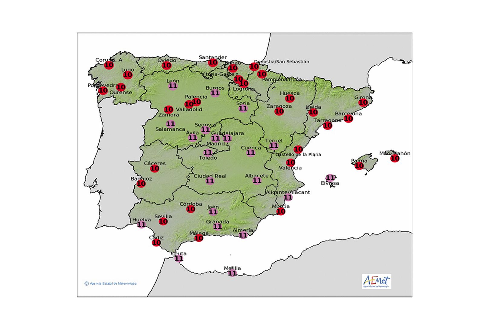 Mapa de radiación UV en España el jueves 9 de junio.