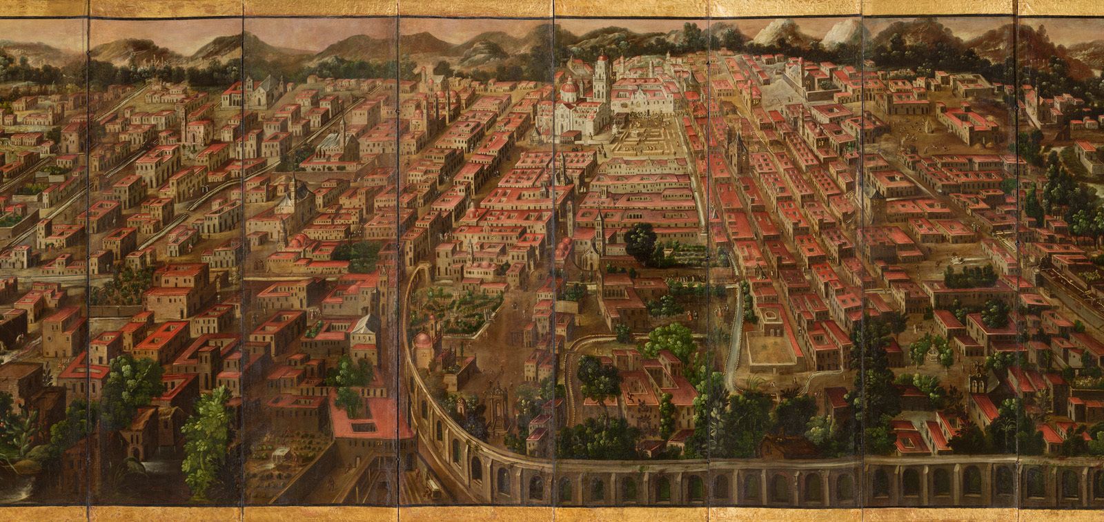 Biombo de la conquista de México y La muy noble y leal ciudad de México. Anónimo mexicano. S. XVII