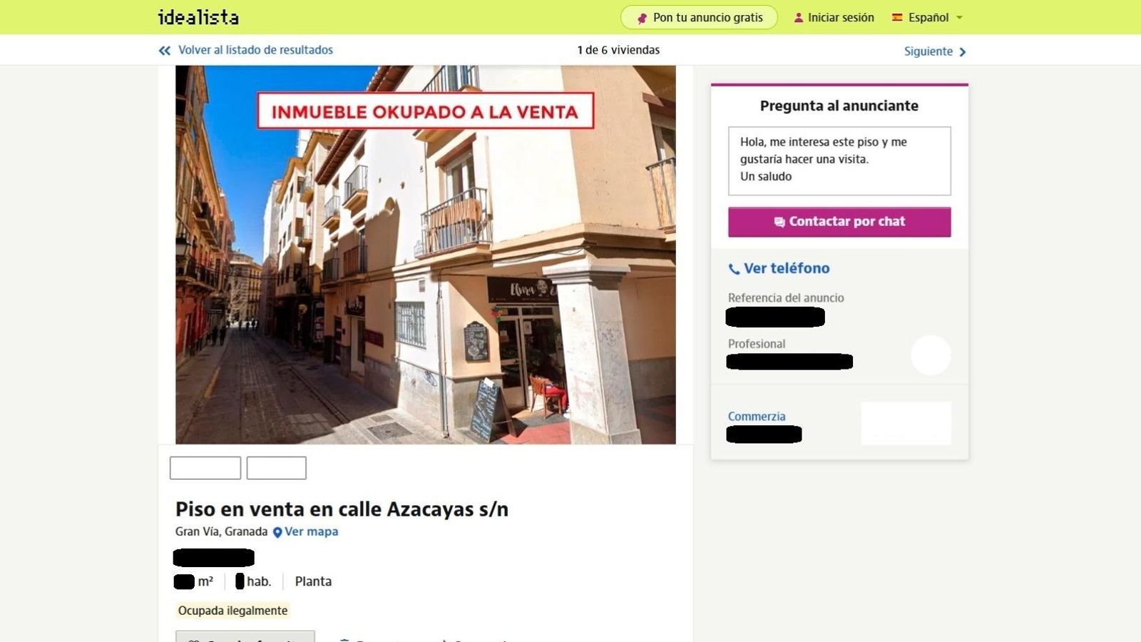 Captura de pantalla de un inmueble en venta okupado en la calle Azacayas