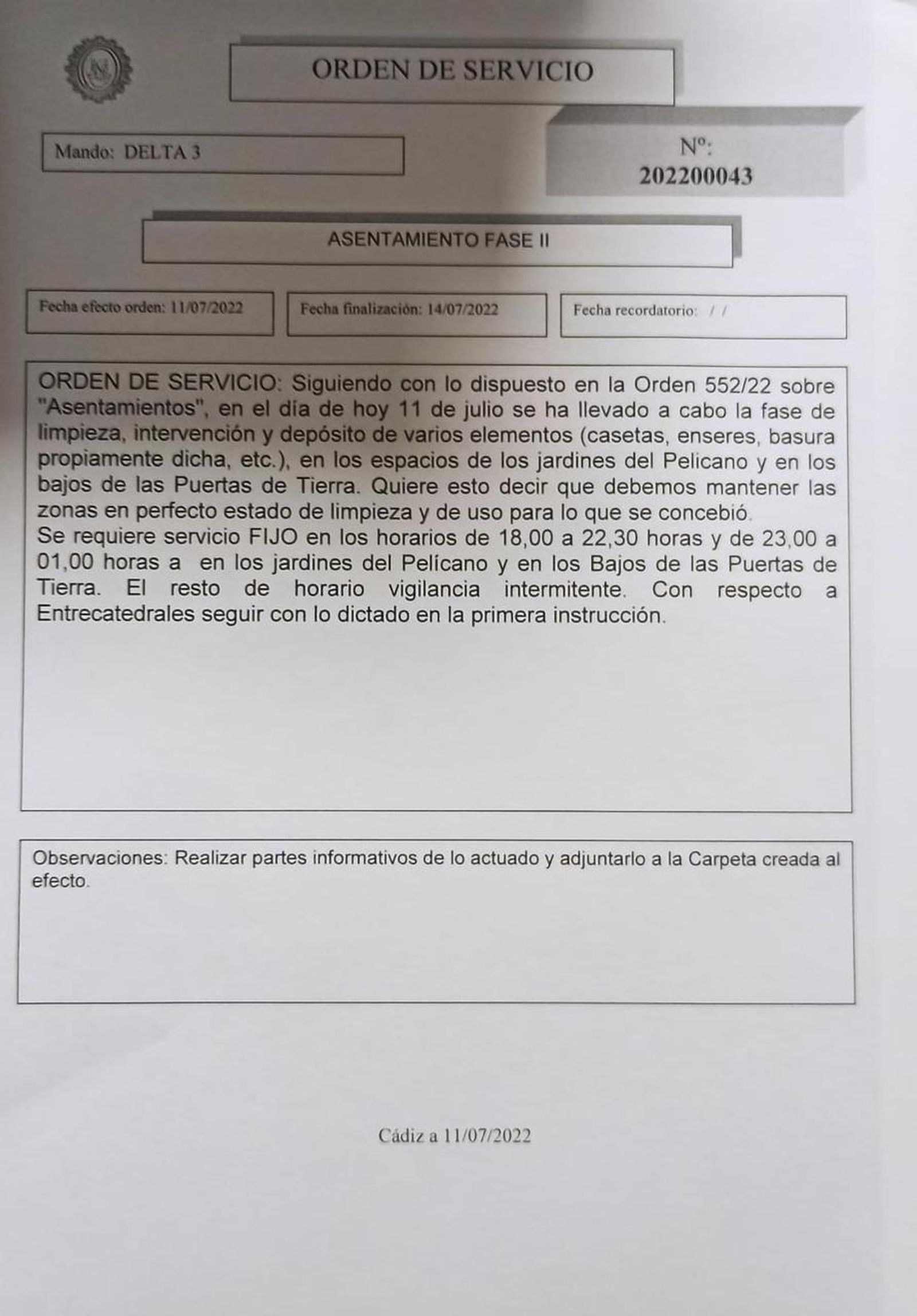 La orden de servicio de julio de 2022 mostrada por el alcalde.