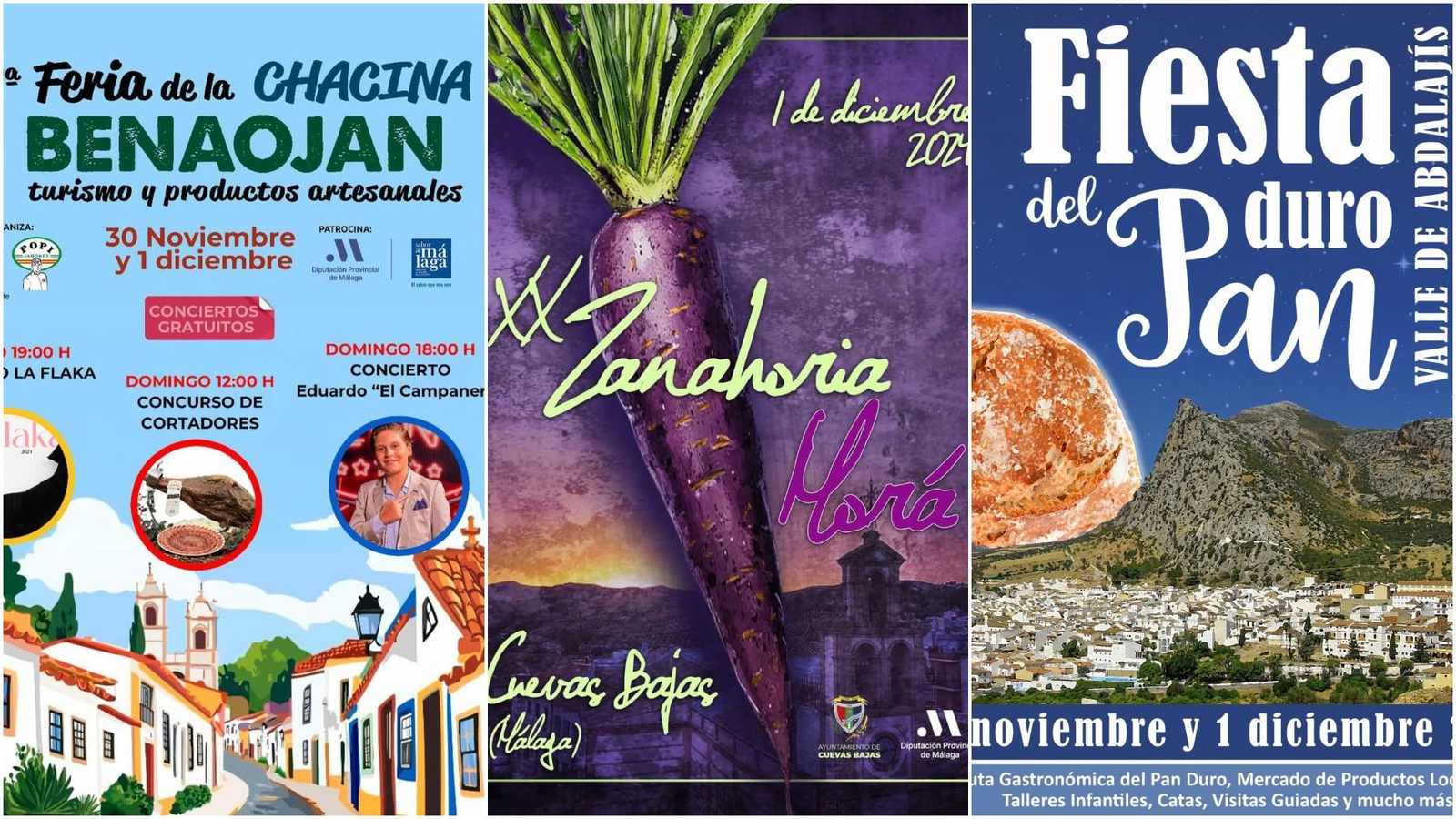 Los carteles promocionales de las tres fiestas gastronómicas de Benaoján, Cuevas Bajas y Valla de Abdalajís.
