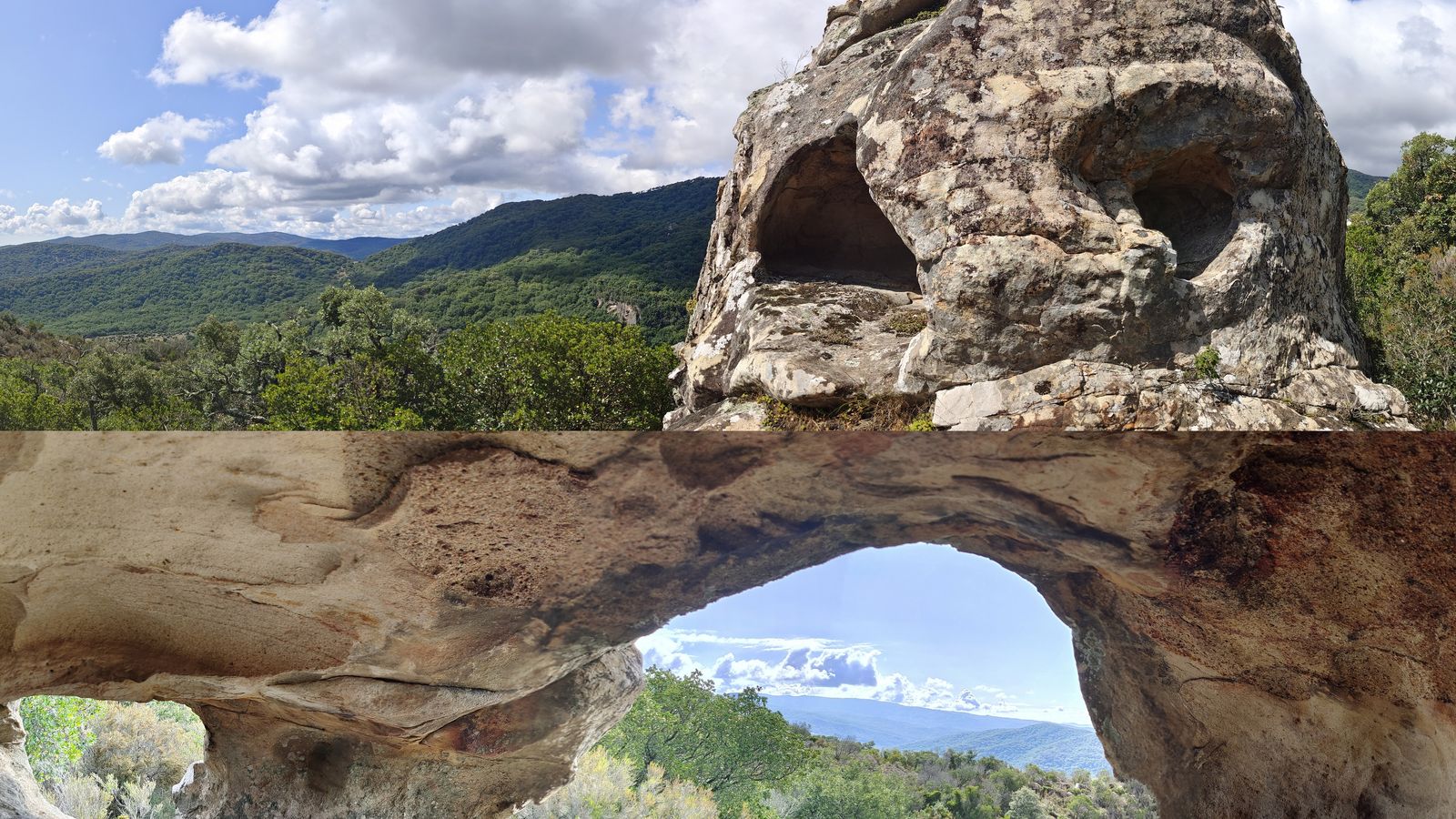 Arriba, vista exterior del abrigo de los Machos. Abajo, el interior.