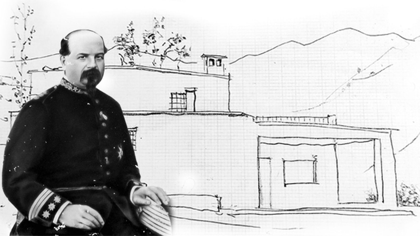 Antiguo cosechero en Adra con fondo de una ilustración de un cortijo