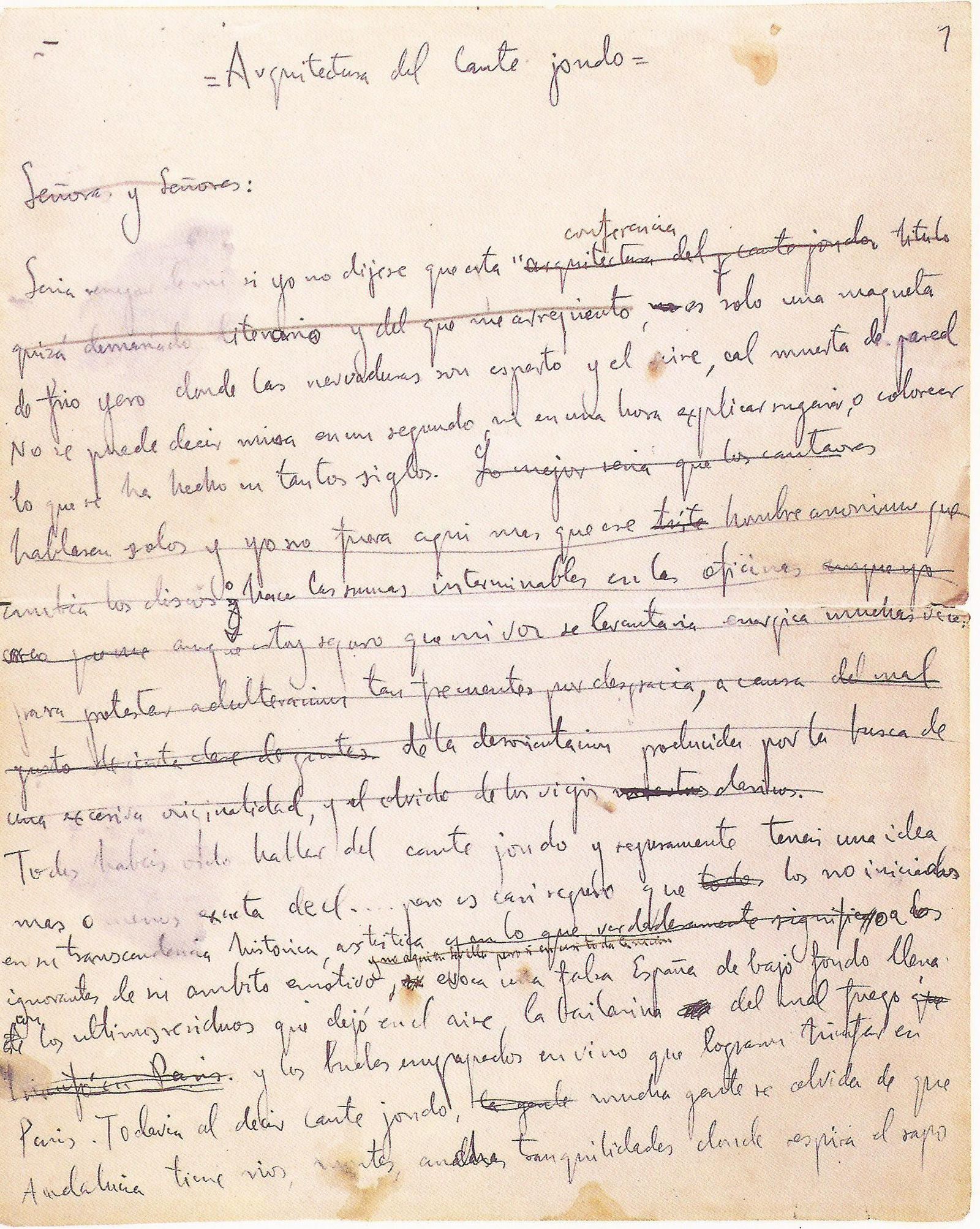 Manuscrito del borrador de la conferencia de Federico García Lorca: 'Arquitectura del Cante Jondo'.