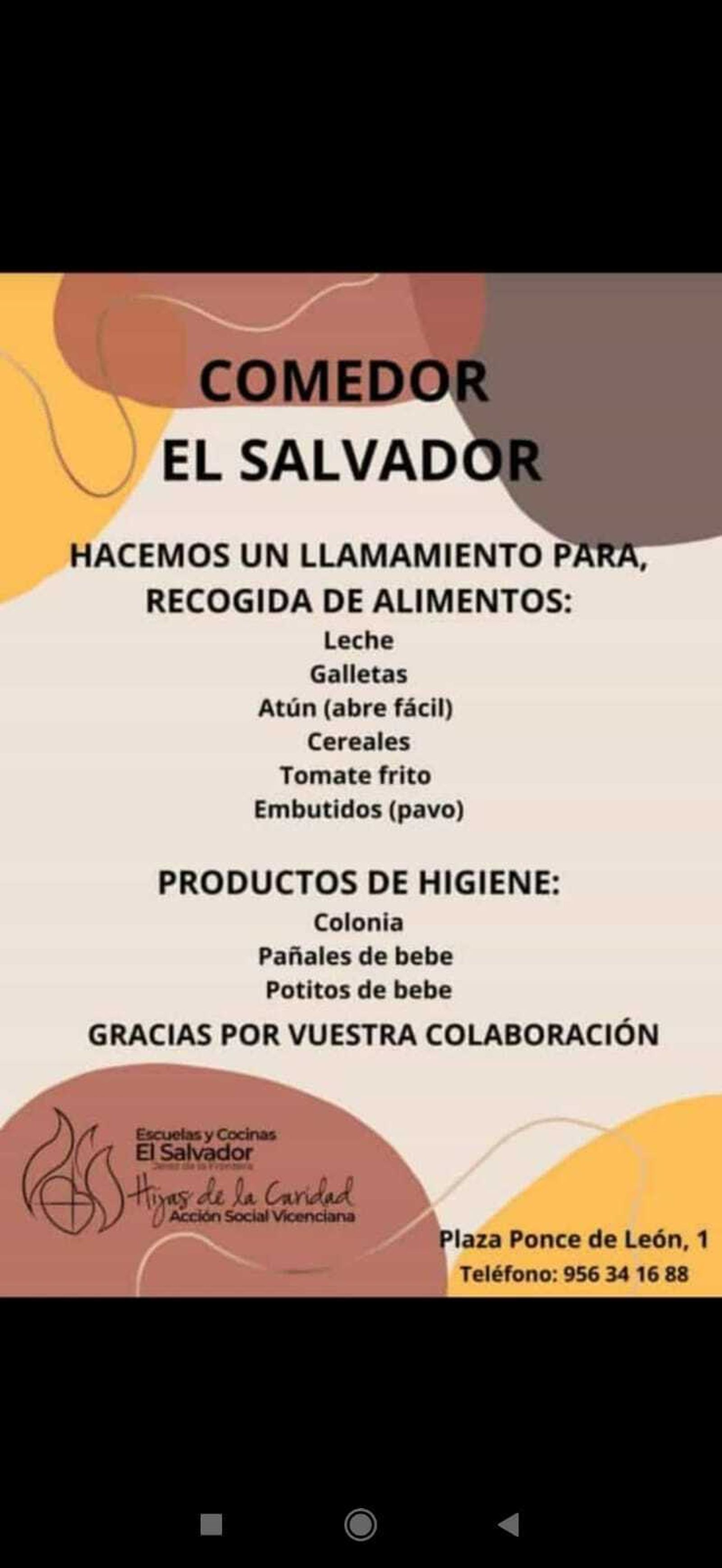 Cartel de petición de ayuda para el comedor El Salvador de Jerez.