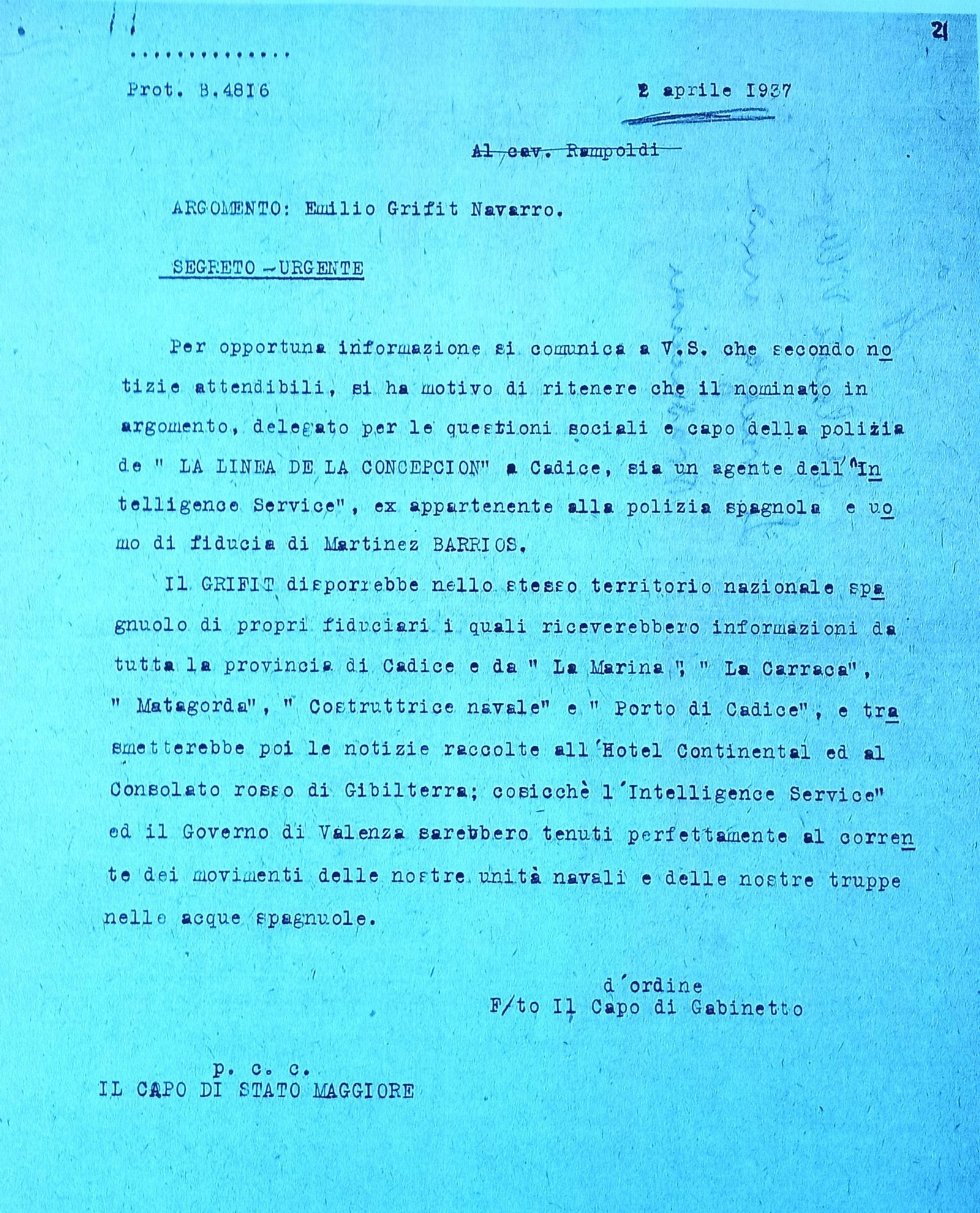 Escrito del espionaje italiano acusando a Griffiths de ser espía británico.