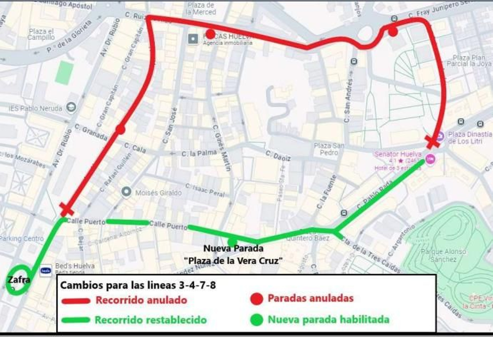 Mapa del recorrido suprimido y la nueva parada de Emtusa en la calle Puerto.