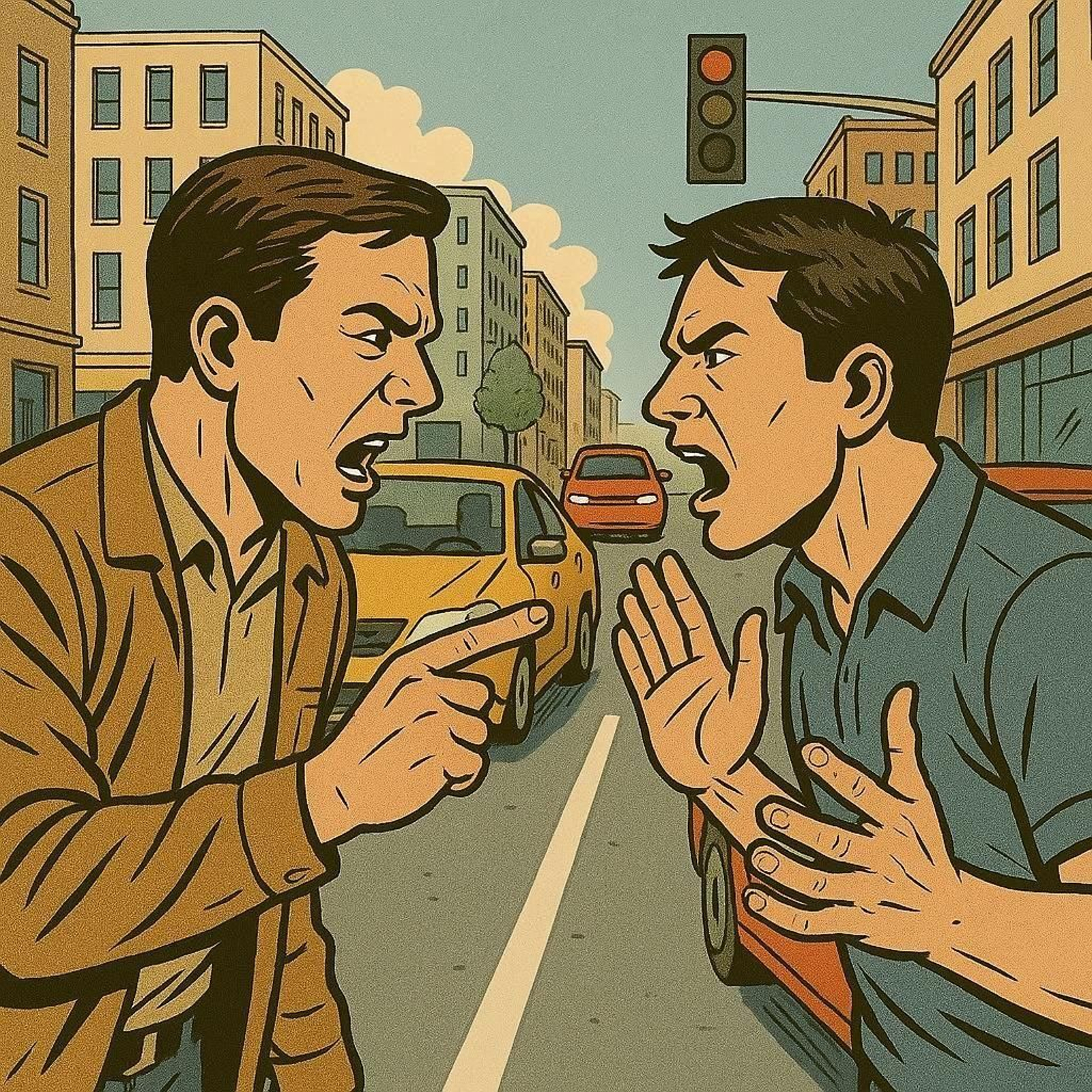 Dos hombres discuten, en una imagen generada por IA.