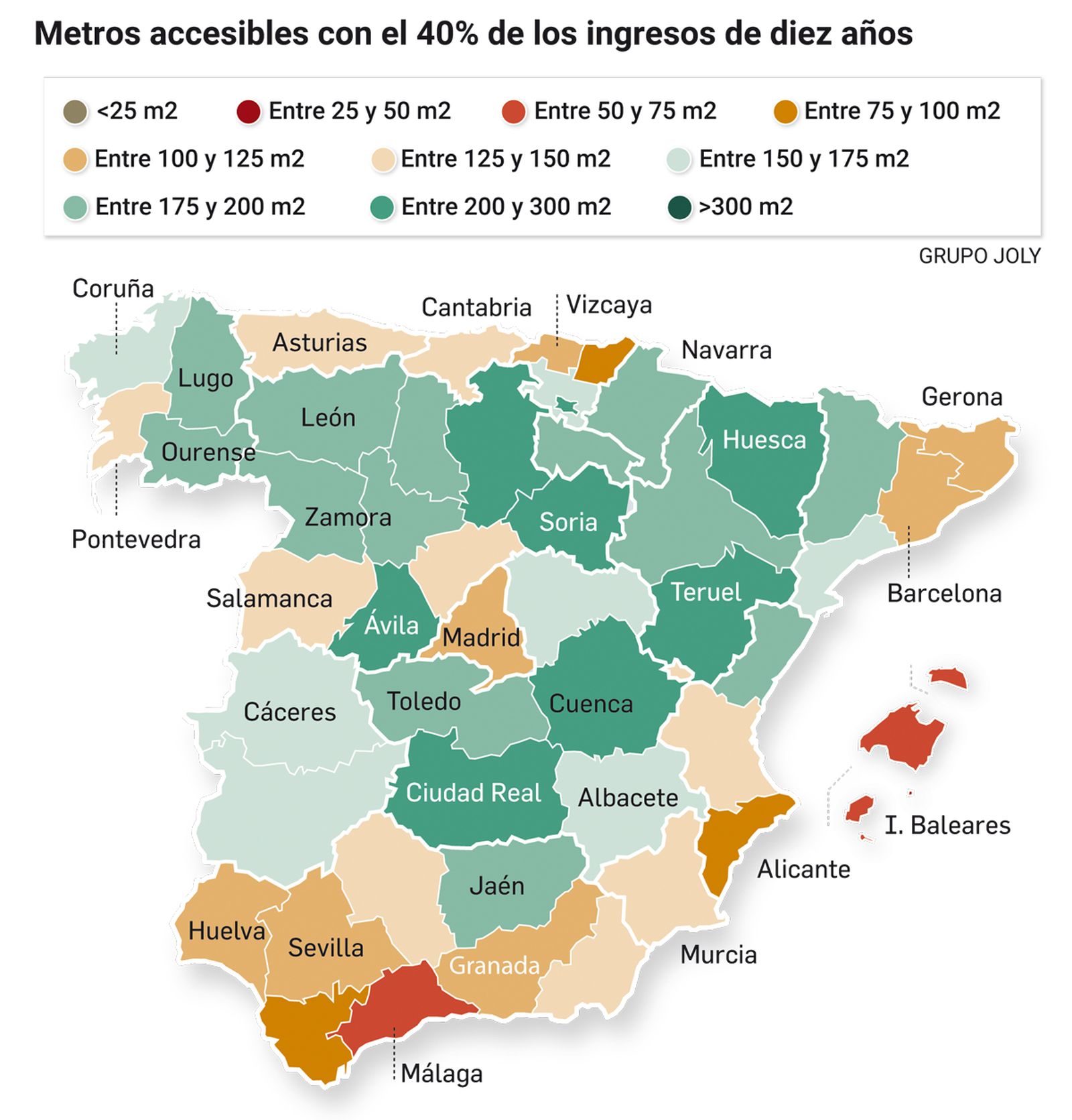 Metros cuadrados que pueden adquirirse con el 40% de los ingresos medios ahorrados en 10 años (Fuente: ESPON)