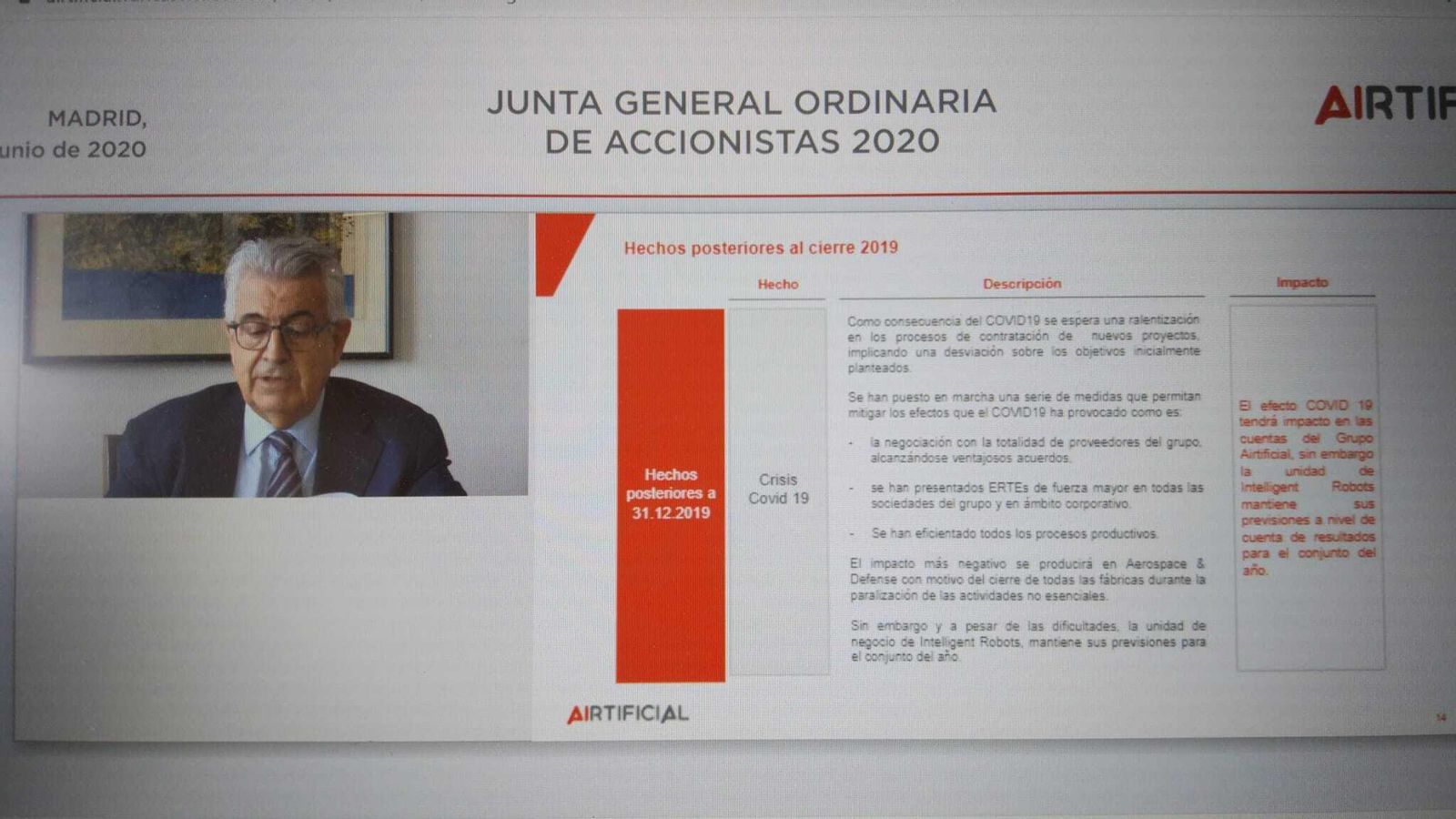 El presidente de Airtificial, Rafael Suñol, interviene en la junta ordinaria de accionistas.