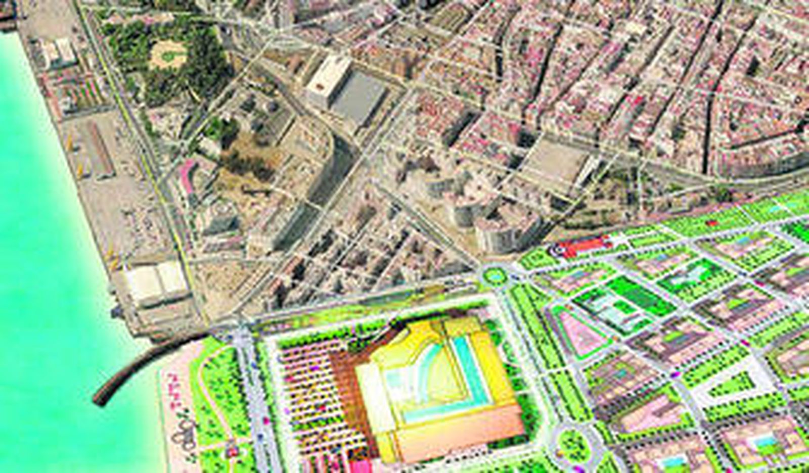 Infografía del proyecto del Ensanche Sur, integrado en el actual casco urbano de Huelva.