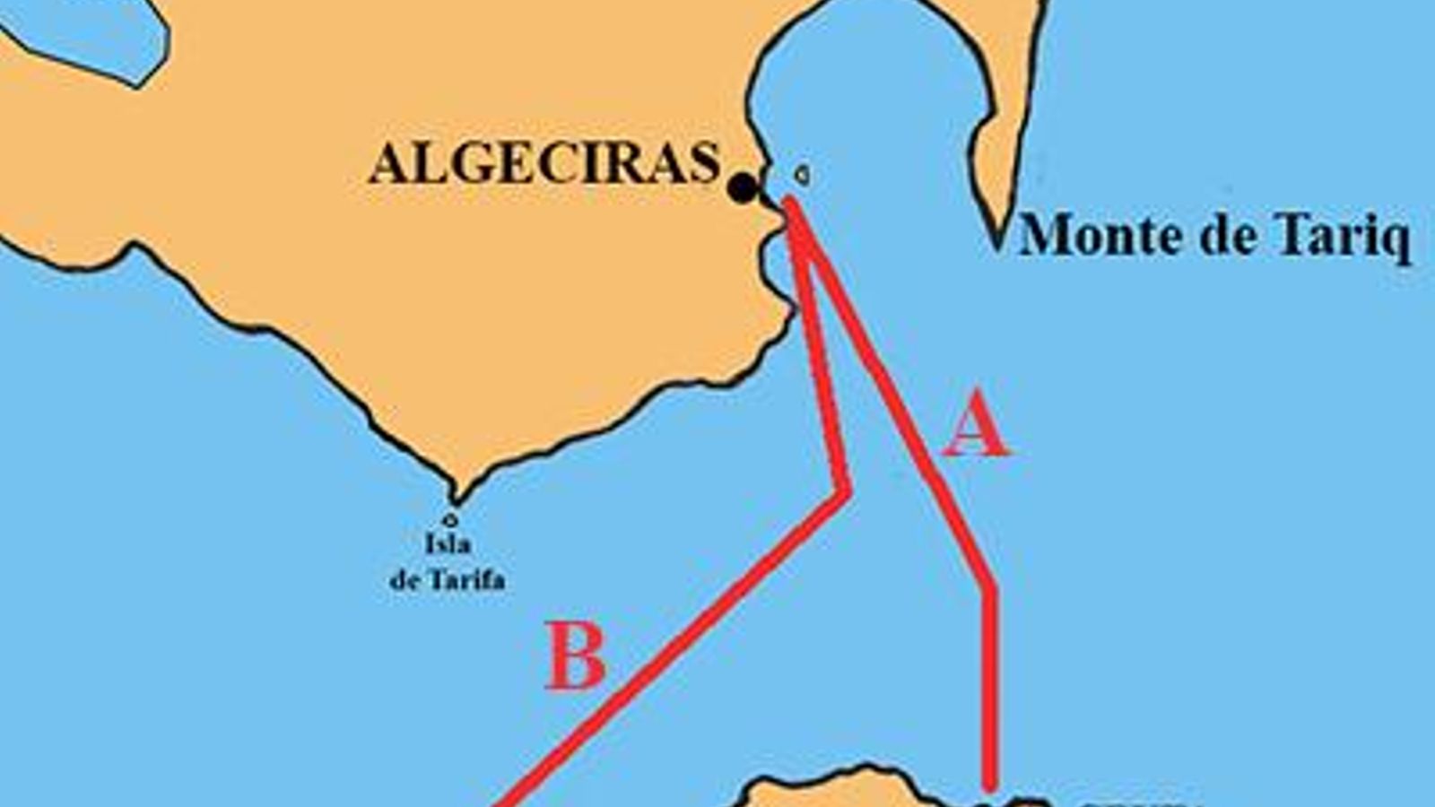Rutas de navegación en los siglos VIII y IX. (A): Principal ruta de pasajeros. (B): Ruta comercial (importación de trigo, plata y oro).