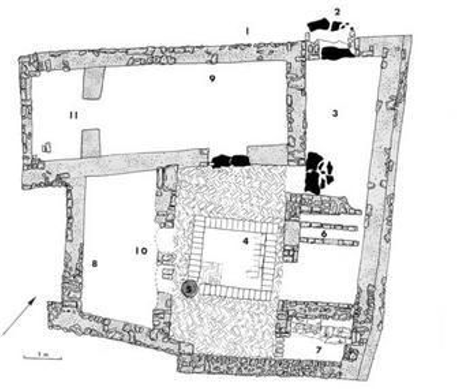 1. Plano de una una de las casas de la isla Saltés, ubicación de la calle. 2. Puerta. 3. Zaguán. 4. Patio. 5. Pozo de agua dulce. 6. Cocina y alacena. 7. Letrina. 8 y 9. Habitaciones rectangulares. 10. Doble puerta de acceso al patio. 11. Alcoba. 1. Plano de una una de las casas de la isla Saltés, ubicación de la calle. 2. Puerta. 3. Zaguán. 4. Patio. 5. Pozo de agua dulce. 6. Cocina y alacena. 7. Letrina. 8 y 9. Habitaciones rectangulares. 10. Doble puerta de acceso al patio. 11. Alcoba.