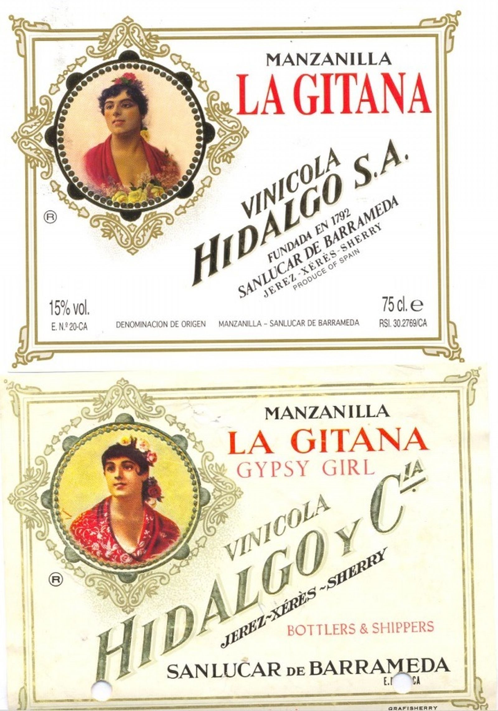Dos versiones de la etiqueta manzanilla La gitana.
