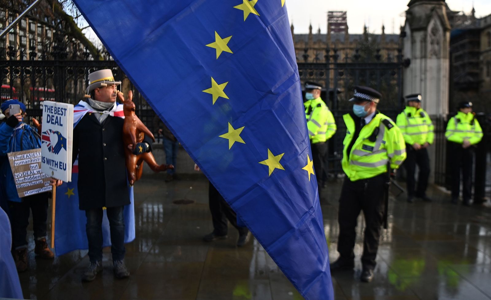 Manifestantes a favor de permanecer en la UE se manifiestan ante el Parlamento británico.