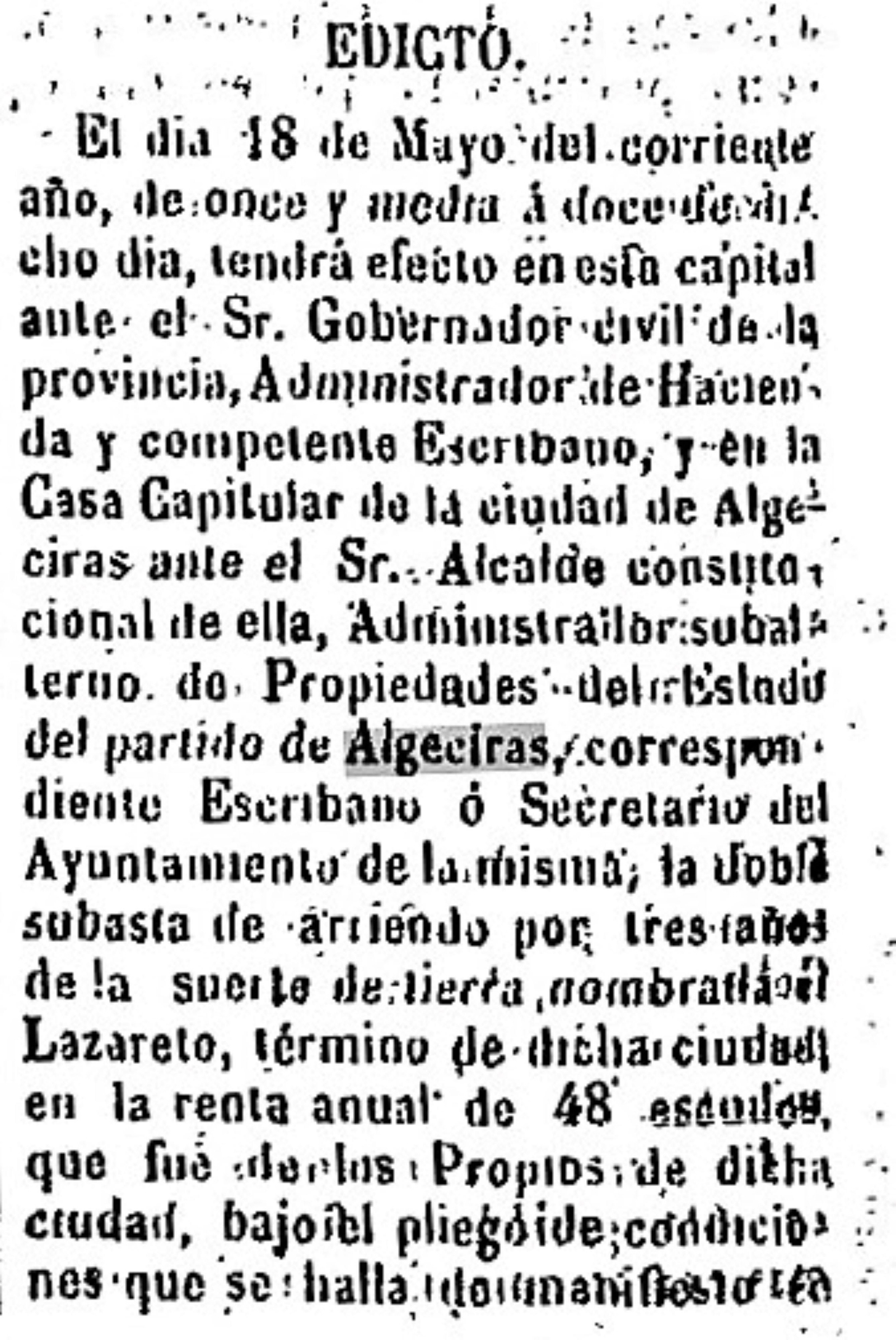 Subasta de la suerte llamada El Lazareto, situada en Getares.