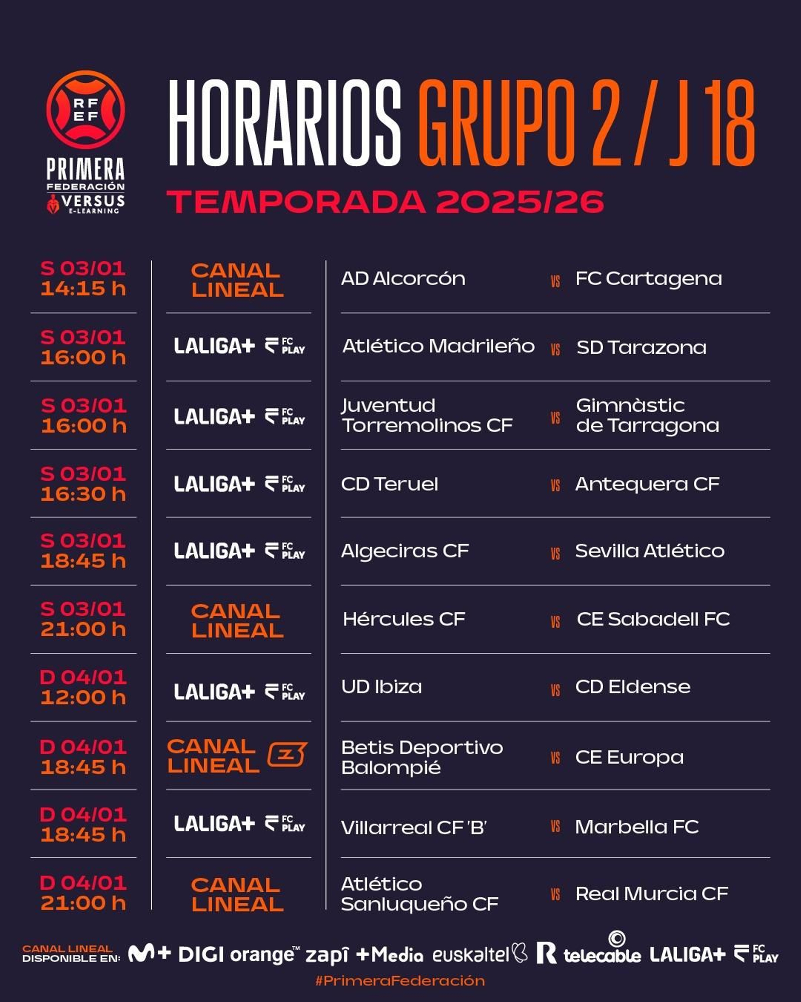 Los horarios de la jornada 18 en el grupo II de la Primera Federación