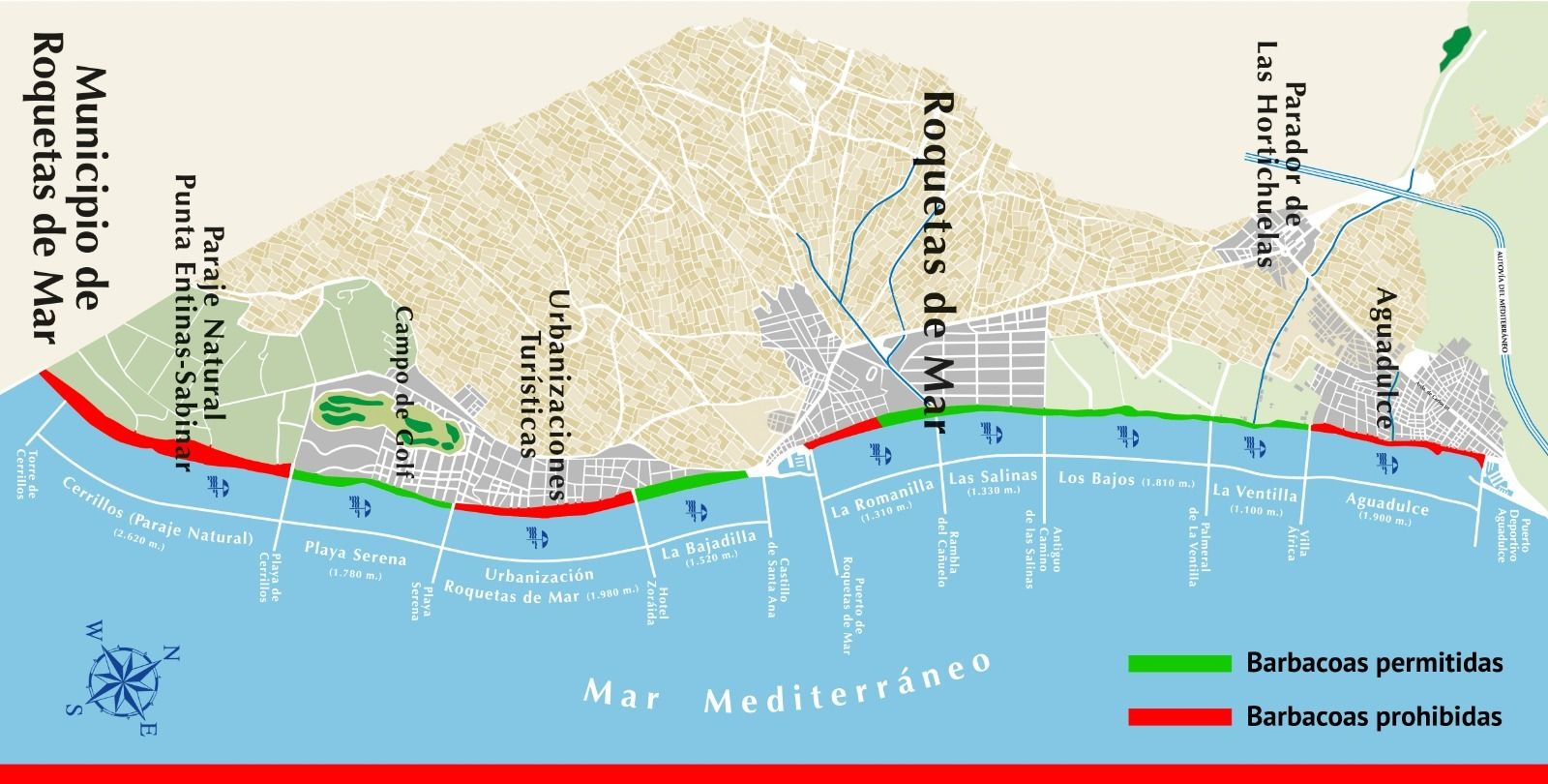 ¿En qué playas de Roquetas está autorizado el uso de barbacoas?