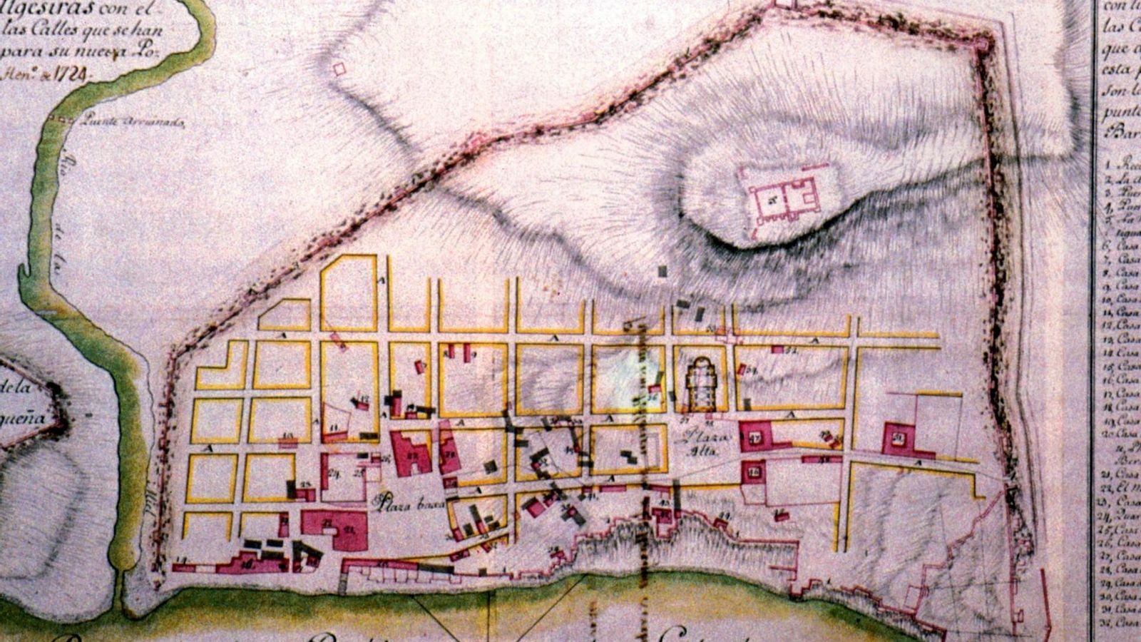 Plano de Algeciras levantado por Verboom en el año 1726 con su propuesta urbanística con las calles y manzanas (Archivo General de Simancas).