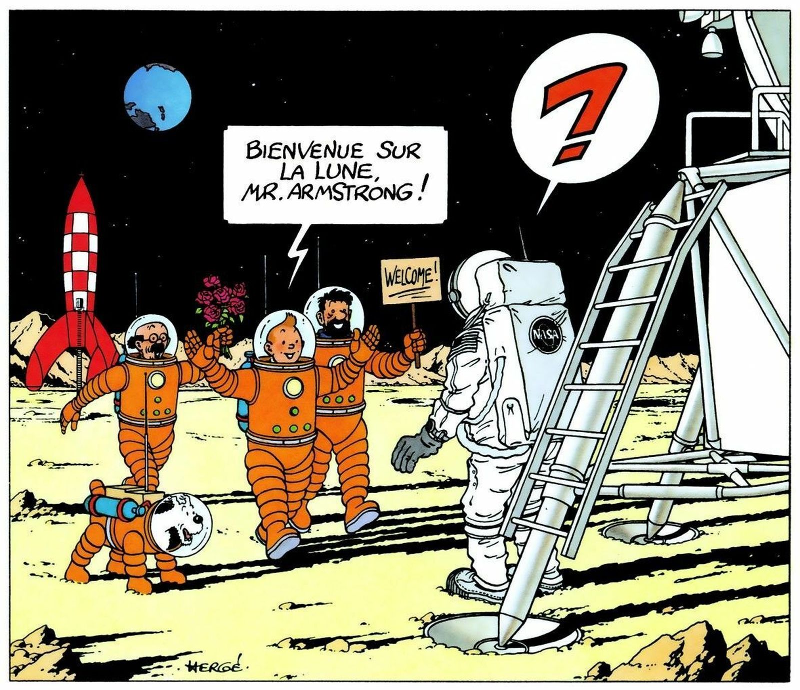 Espléndida postal dibujada por Hergé tras la llegada de Neil Armstrong a la Luna, con sus personajes dándole la bienvenida.