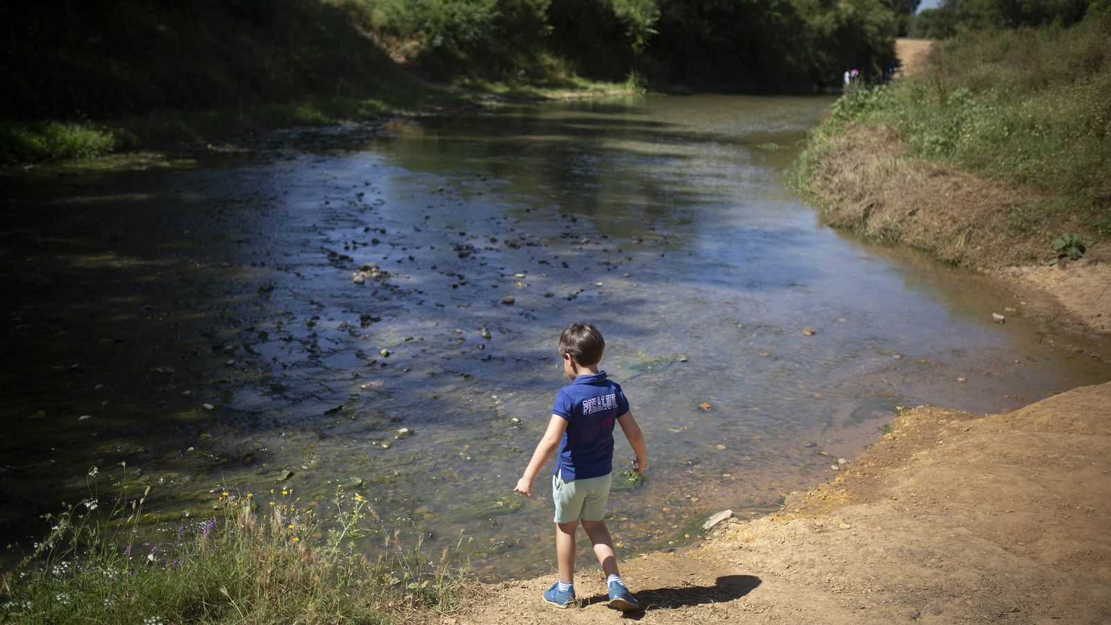 Un niño juega en la orilla del Guadiamar, en una tranquilidad inusual en estas fechas.