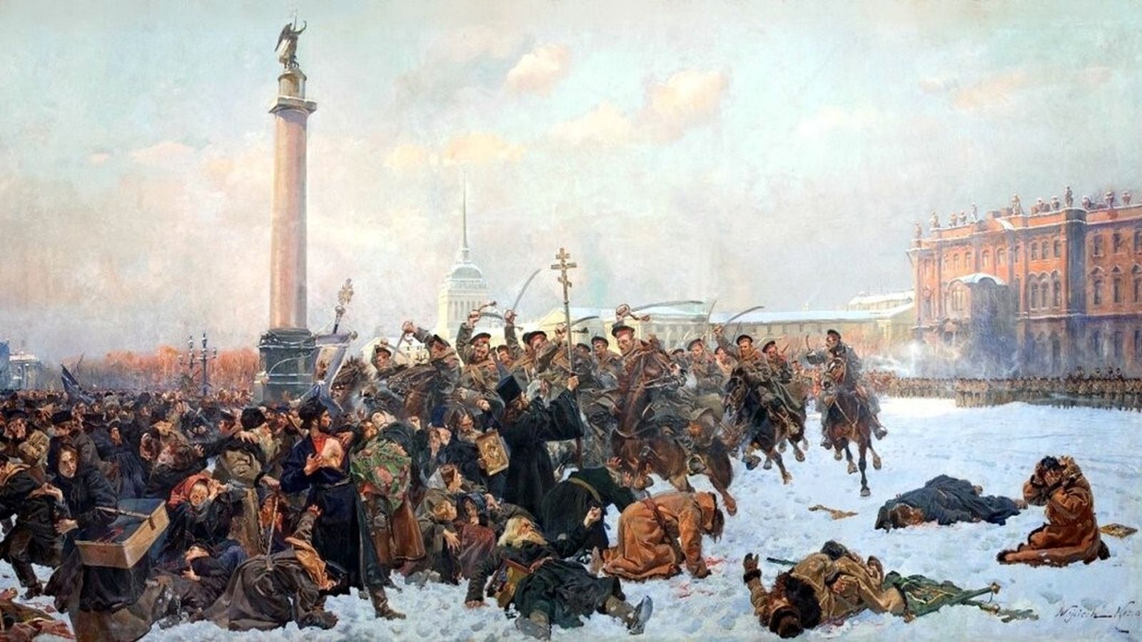 La caballería carga contra los pacíficos manifestantes, dando origen a la fallida revolución de 1905.