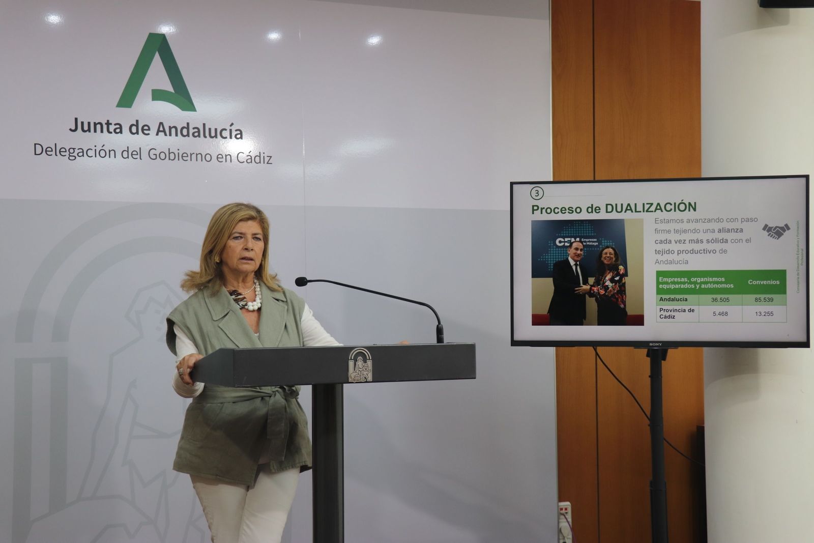 Isabel Paredes, delegada territorial de Desarrollo Educativo y Formación Profesional en Cádiz, en rueda de prensa.