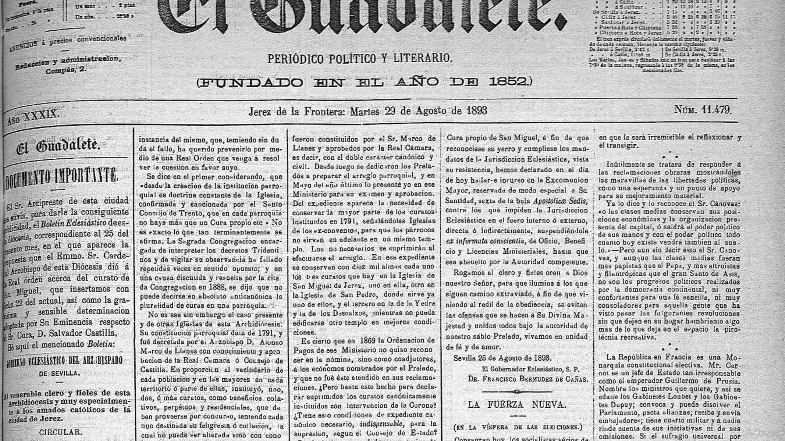 El Guadalete, de 29 de agosto de 1893, se hace eco de este asunto.