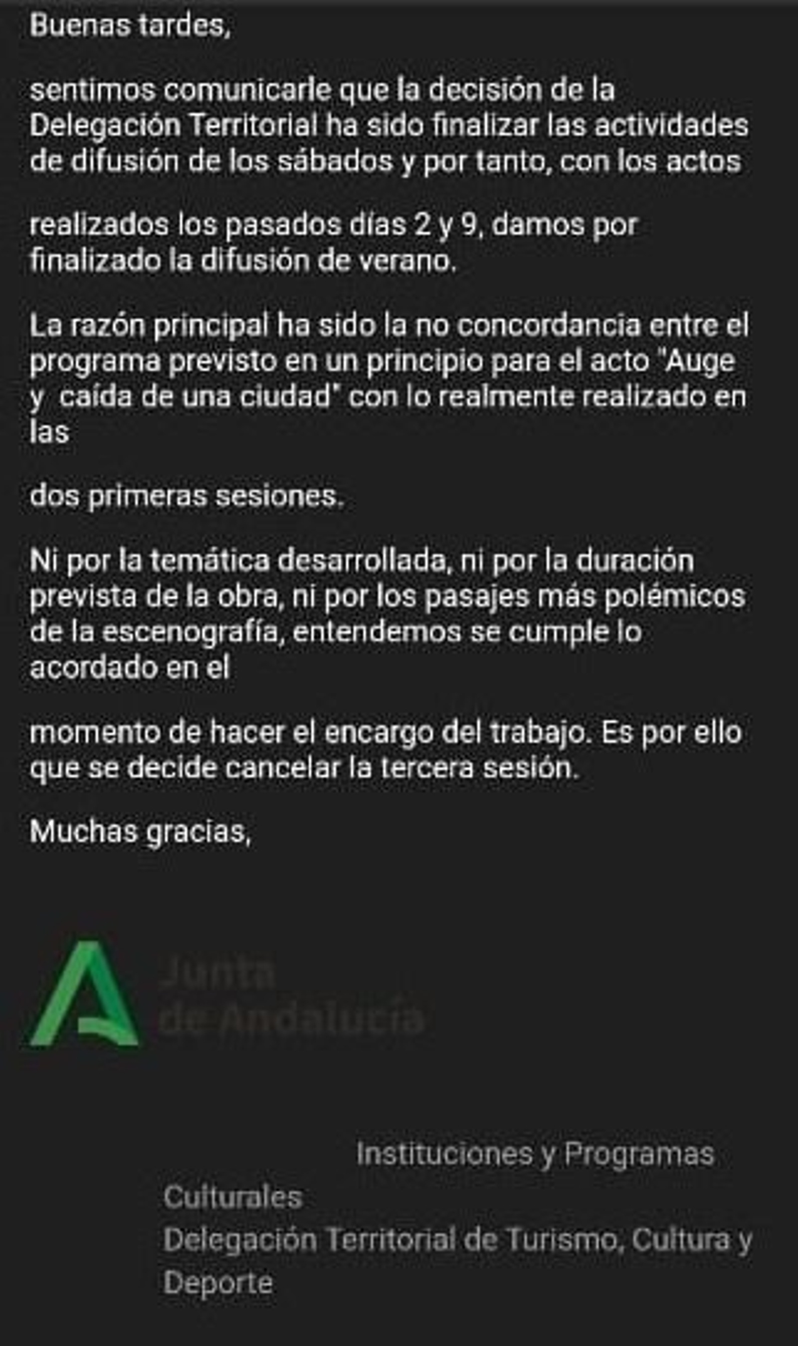 Correo electrónico enviado desde la Delegación Territorial de Cultura en Cádiz.