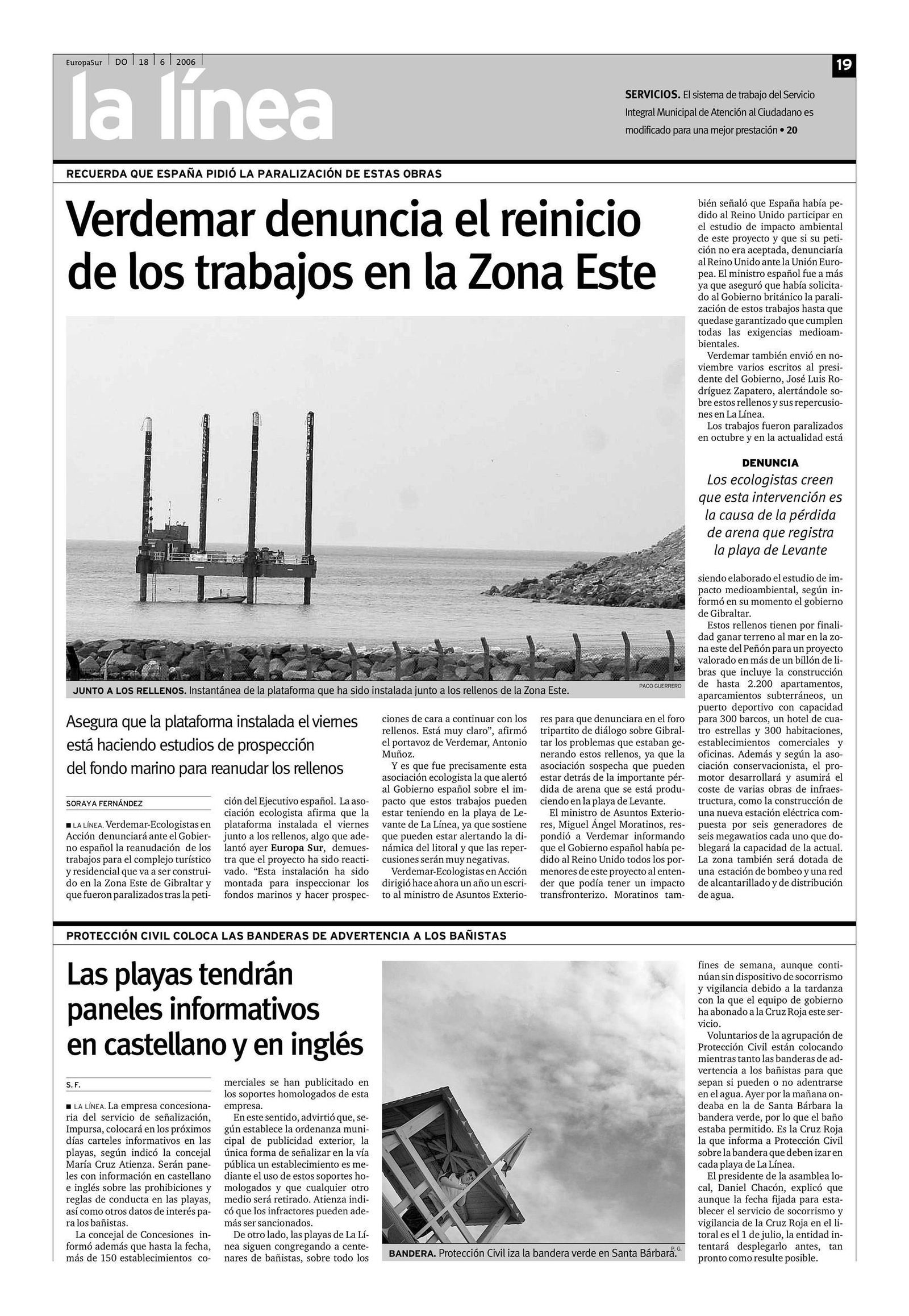 Información de 'Europa Sur' sobre una denuncia de Verdemar por los rellenos el 18 de junio de 2006.