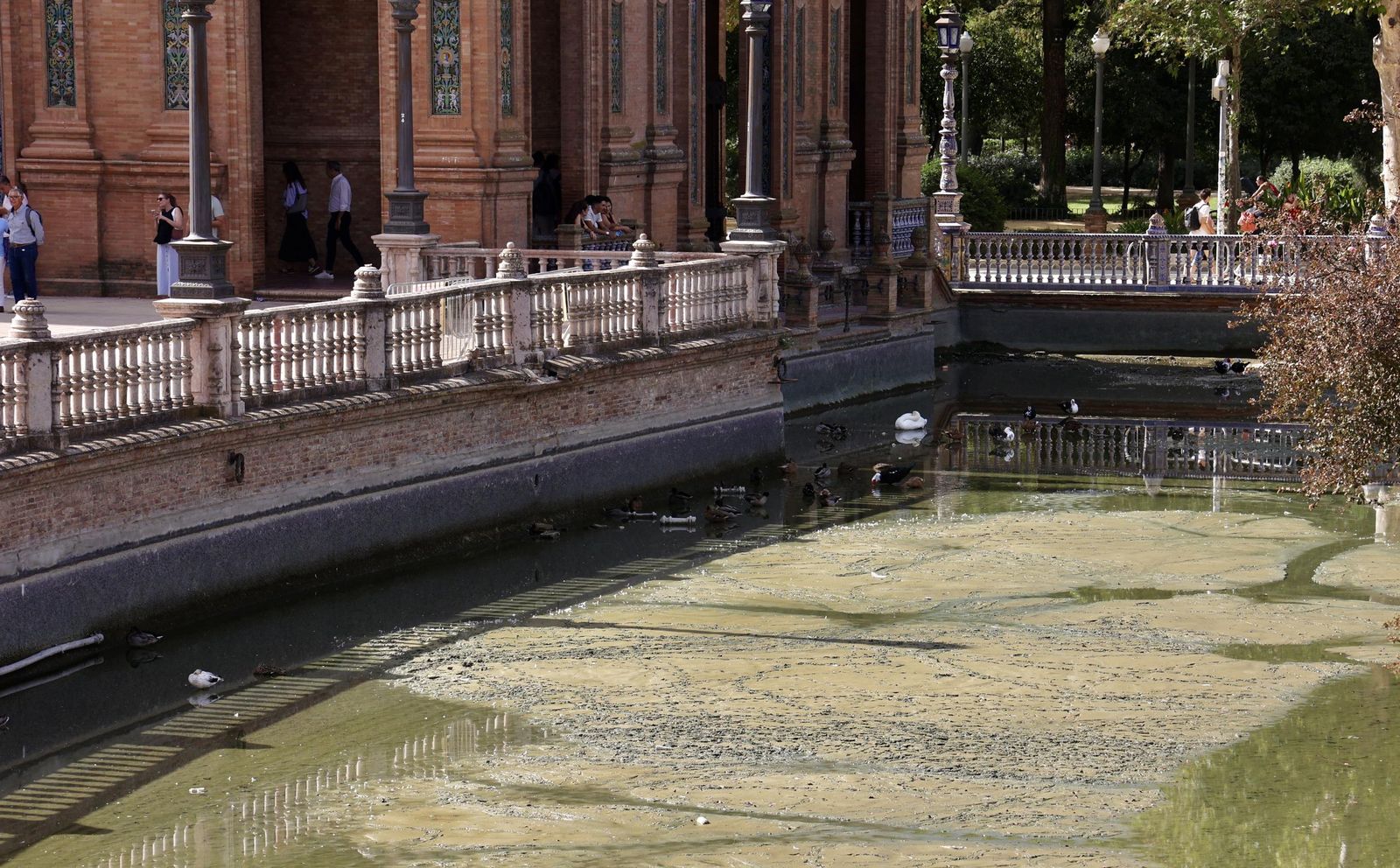 Vaciado de la ría de la Plaza de España para su liemza y restauración
