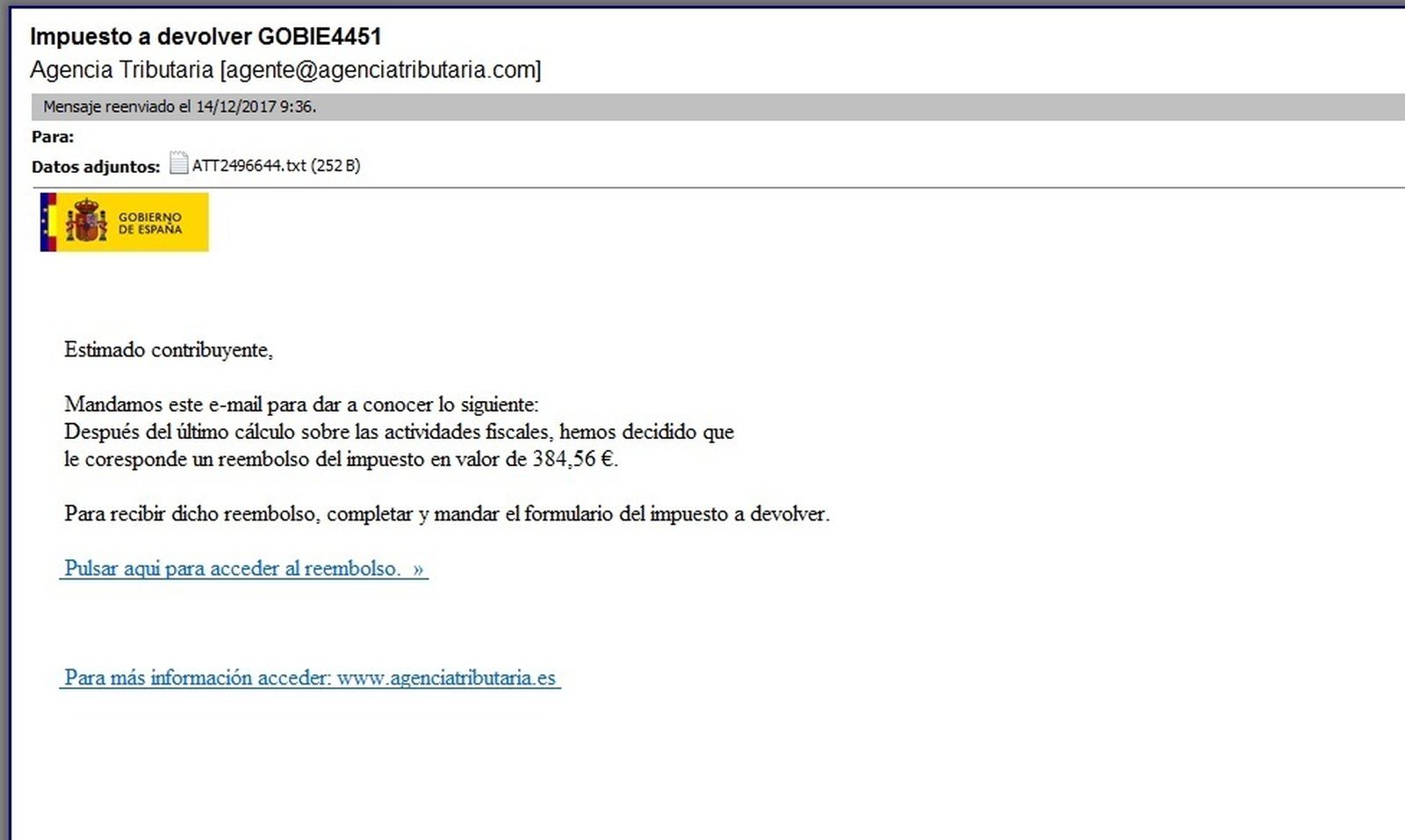 Apariencia del mail que se recibe con la falsa notificación del reembolso.
