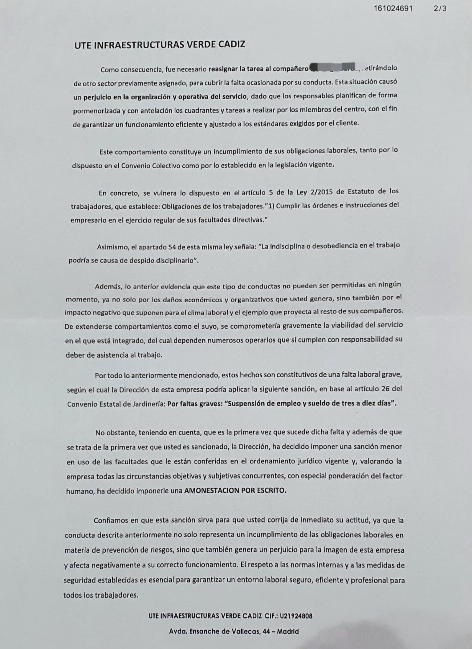 Carta de  sanción a un trabajador de Parques y Jardines.