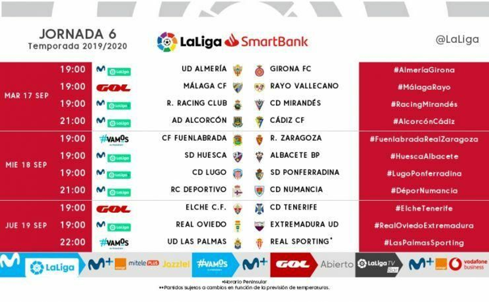 Horarios de la jornada 6 que LaLiga SmartBank hizo públicos este martes.