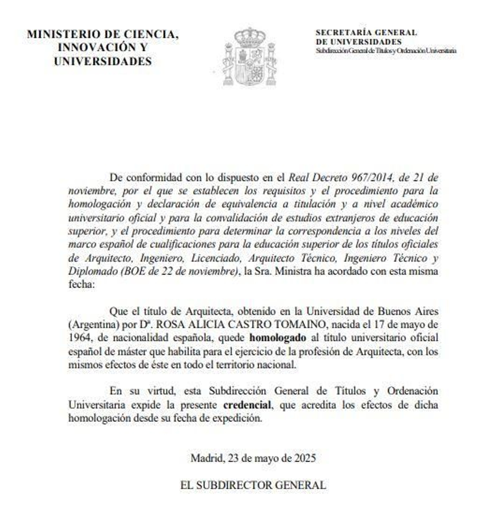 La carta del Ministerio con la homologación del título.